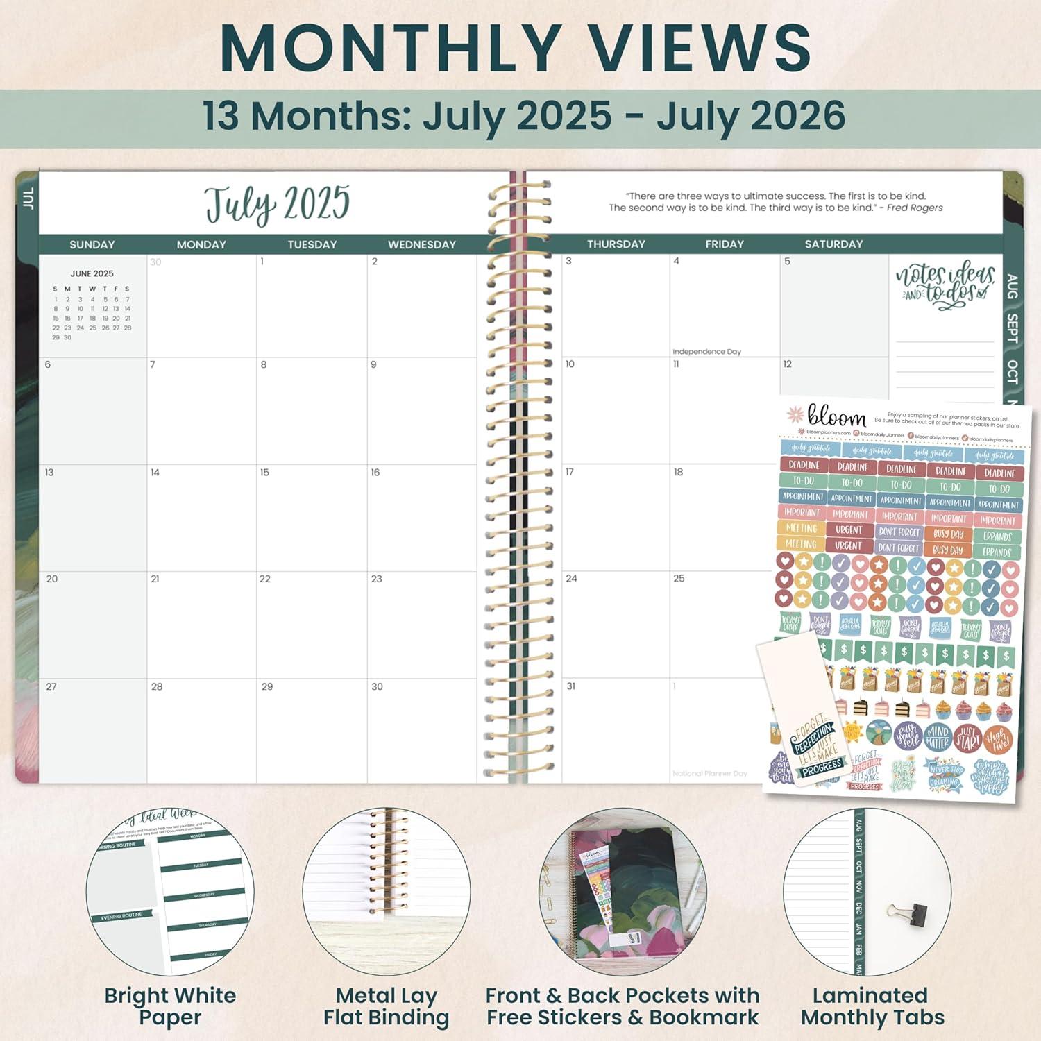 image:imagebloom daily planners 20252026 85 x 11 Academic Year Day Planner July 2025 July 2026 Weekly amp Monthly Dated Agenda Organizer with Stickers amp Tabs Emerald Paint Strokes