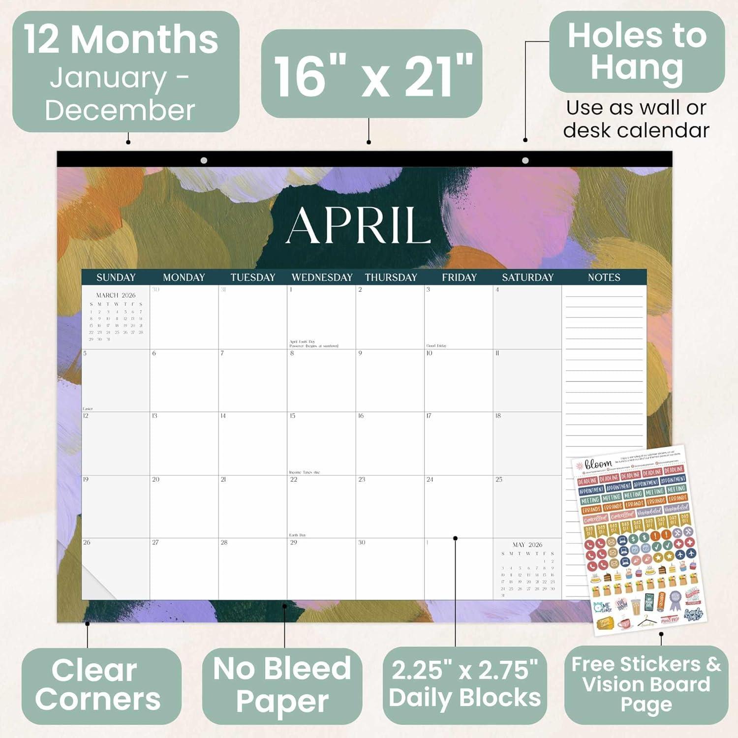 image:imagebloom daily planners 2026 Desk Calendar January to December Large Wall Calendar 21 x 16 Desktop amp Hanging Monthly Planner with Stickers for Home or Office Holiday IconsPaint Strokes