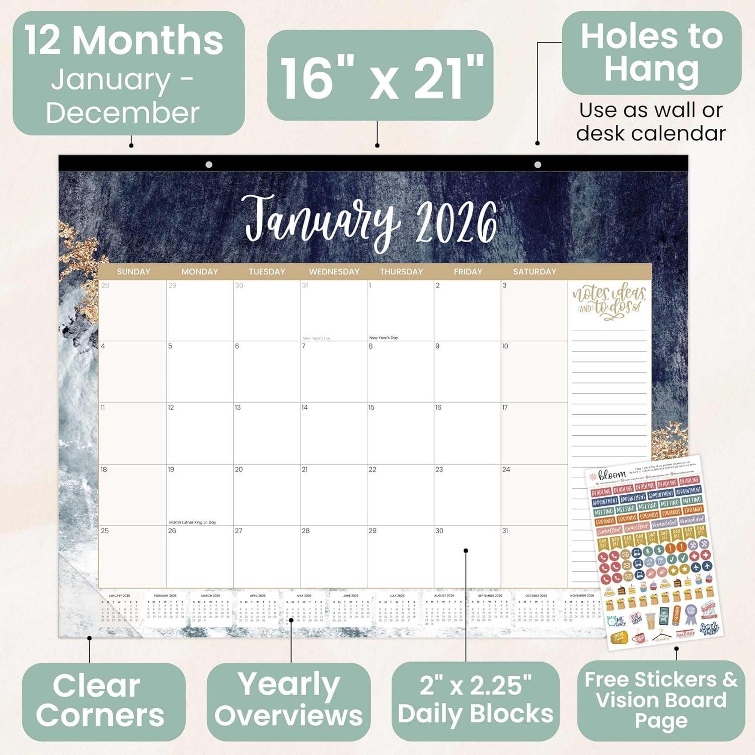 image:imagebloom daily planners 2026 Desk Calendar January to December Large Wall Calendar 21 x 16 Desktop amp Hanging Monthly Planner with Stickers for Home or Office Holiday IconsWatercolor