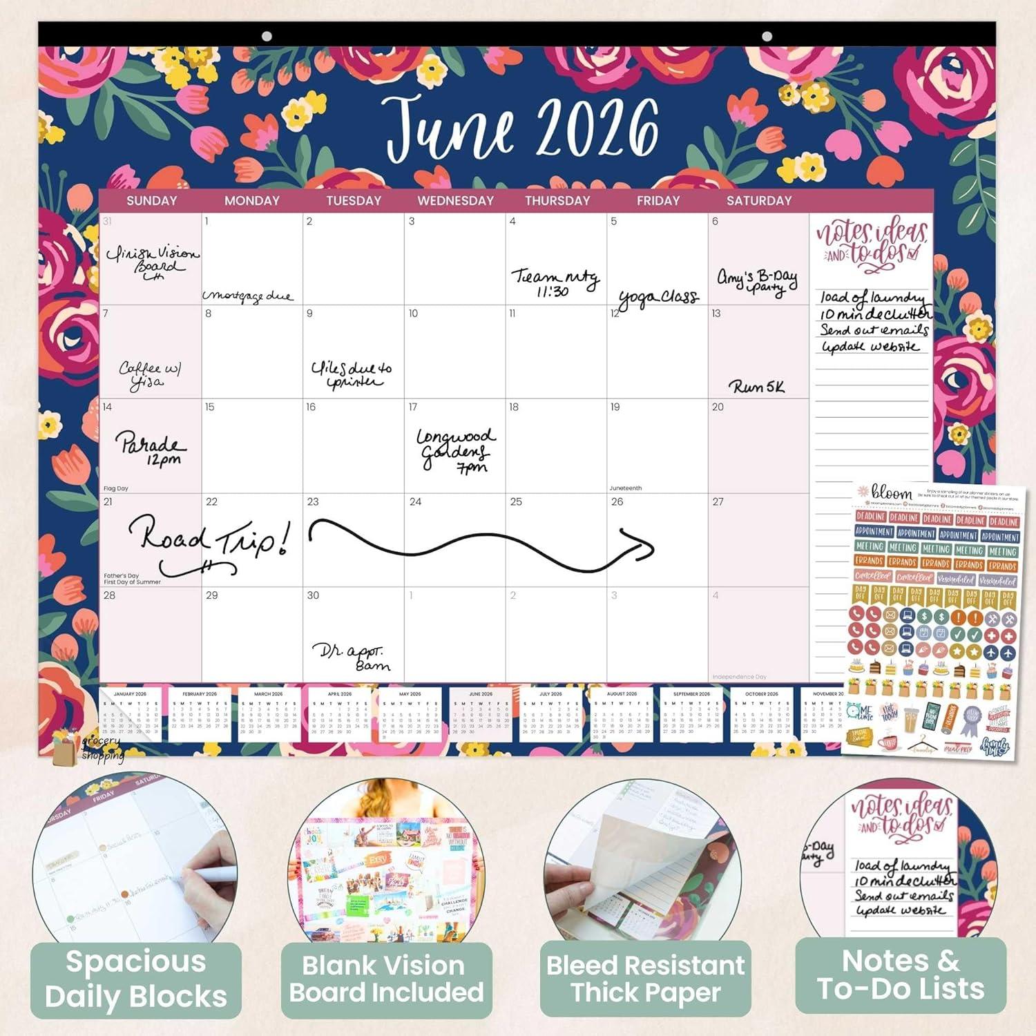 image:imagebloom daily planners 2026 Desk Calendar January to December Large Wall Calendar 21 x 16 Desktop amp Hanging Monthly Planner with Stickers for Home or Office Holiday IconsVintage Floral