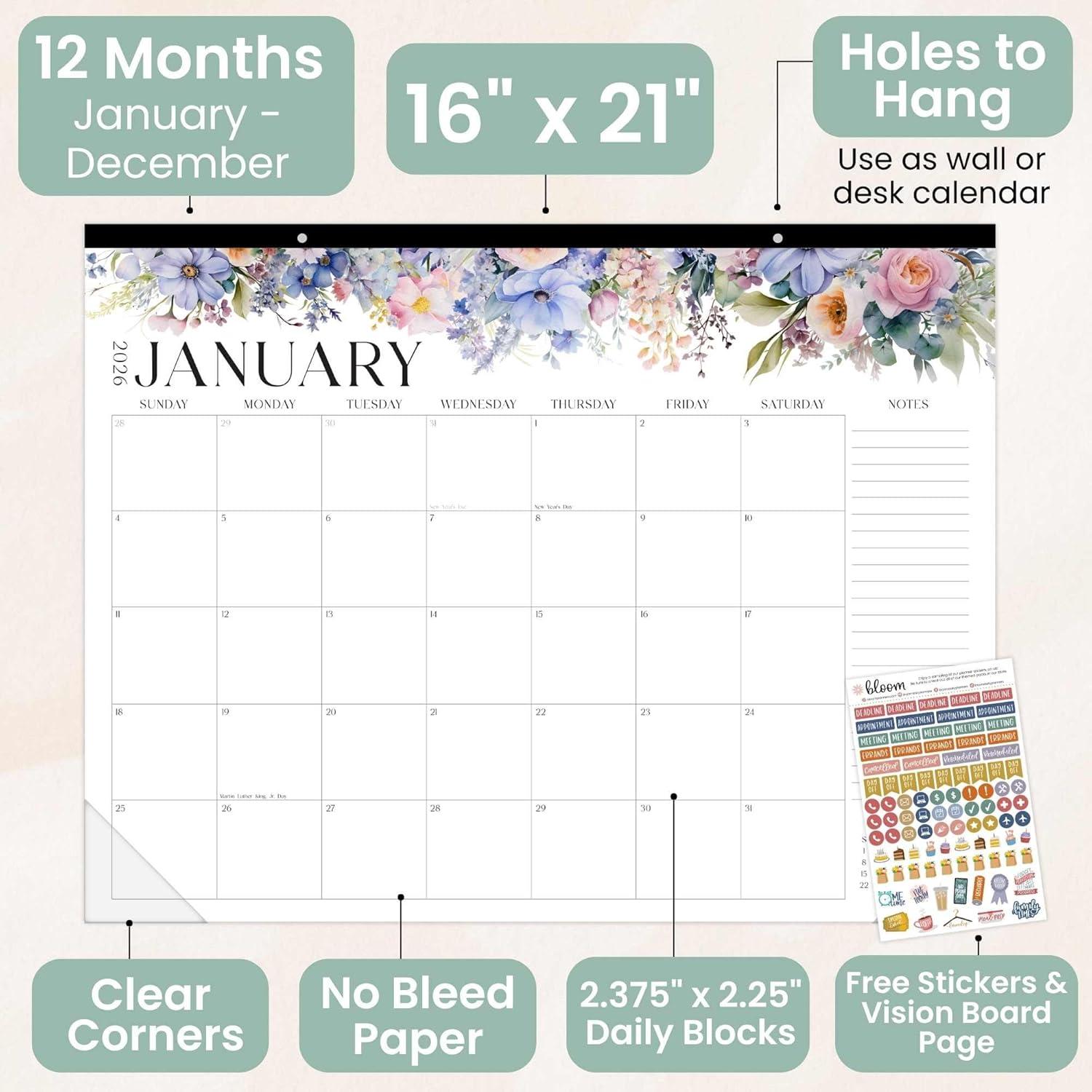 image:imagebloom daily planners 2026 Desk Calendar January to December Large Wall Calendar 21 x 16 Desktop amp Hanging Monthly Planner with Stickers for Home or Office Holiday IconsSeasonal Florals