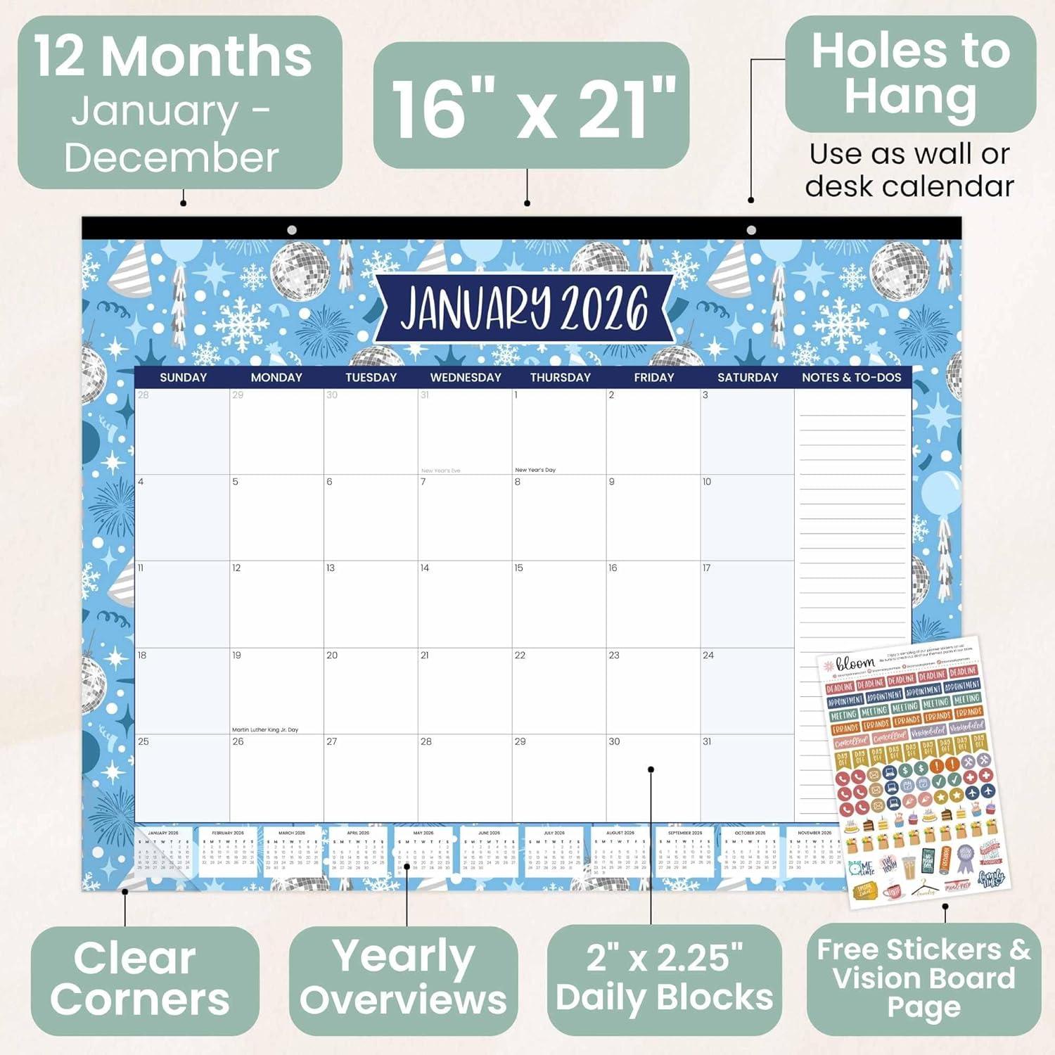 image:imagebloom daily planners 2026 Desk Calendar January to December Large Wall Calendar 21 x 16 Desktop amp Hanging Monthly Planner with Stickers for Home or Office Holiday IconsHoliday Icons