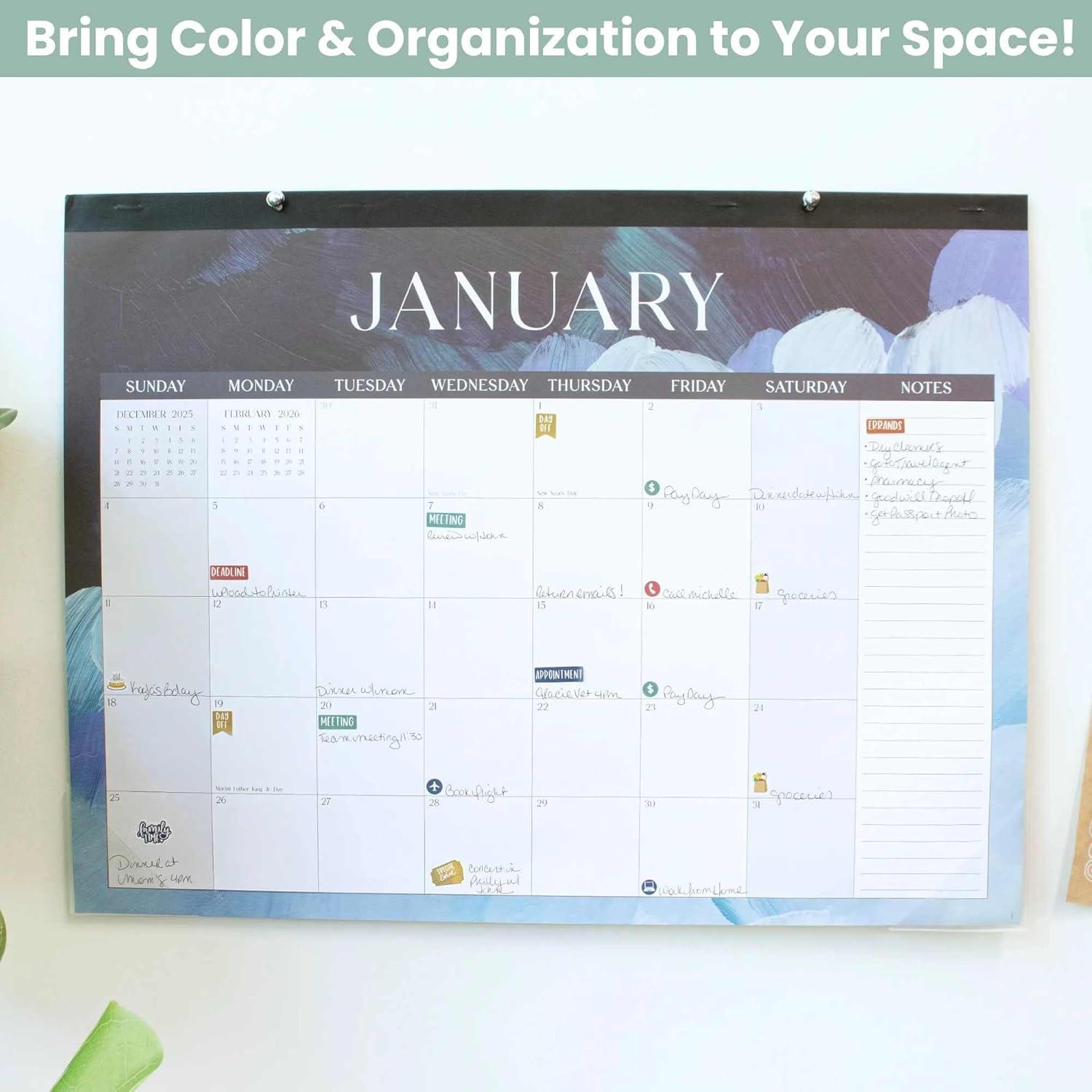 image:imagebloom daily planners 2026 Desk Calendar January to December Large Wall Calendar 21 x 16 Desktop amp Hanging Monthly Planner with Stickers for Home or Office Holiday IconsPaint Strokes