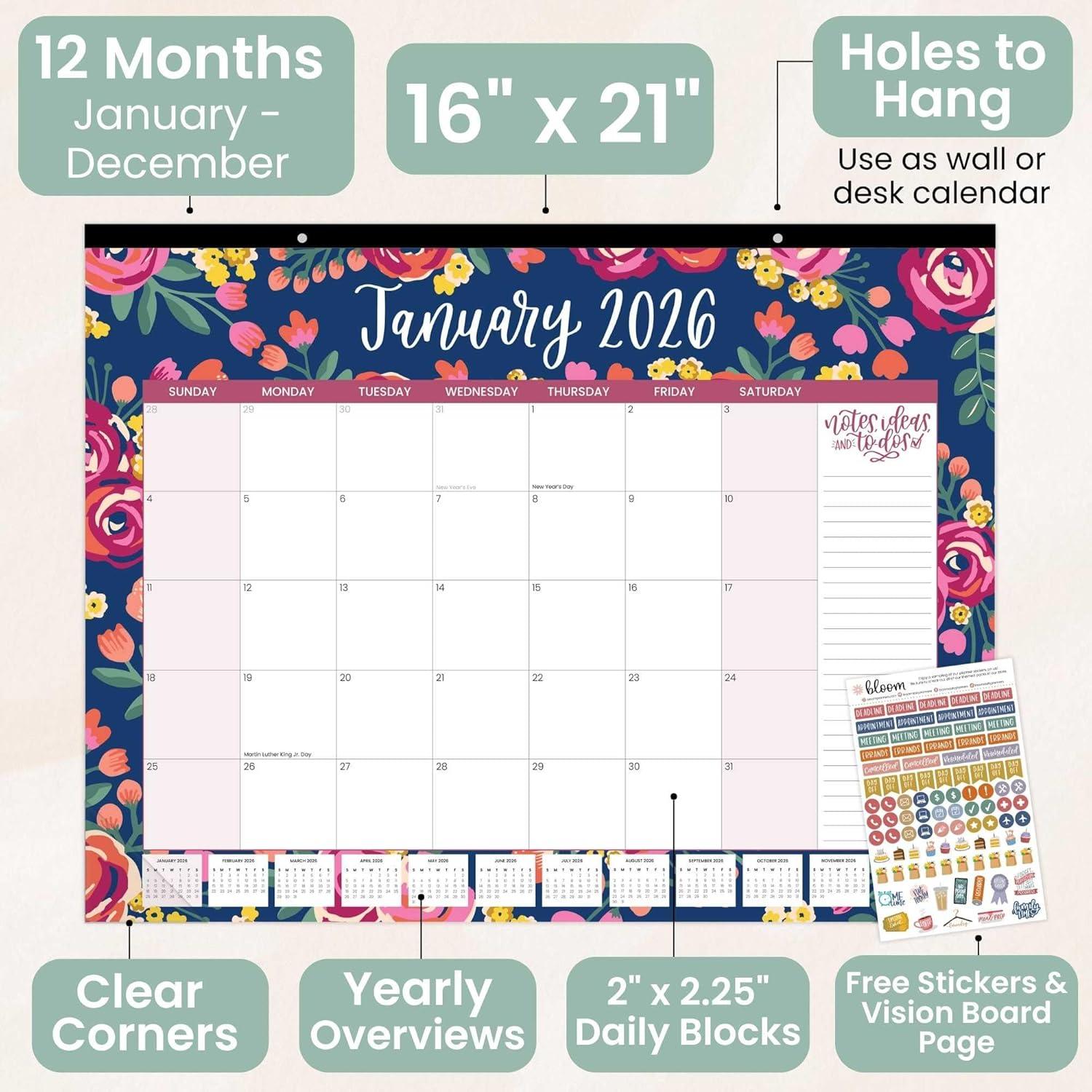 image:imagebloom daily planners 2026 Desk Calendar January to December Large Wall Calendar 21 x 16 Desktop amp Hanging Monthly Planner with Stickers for Home or Office Holiday IconsVintage Floral