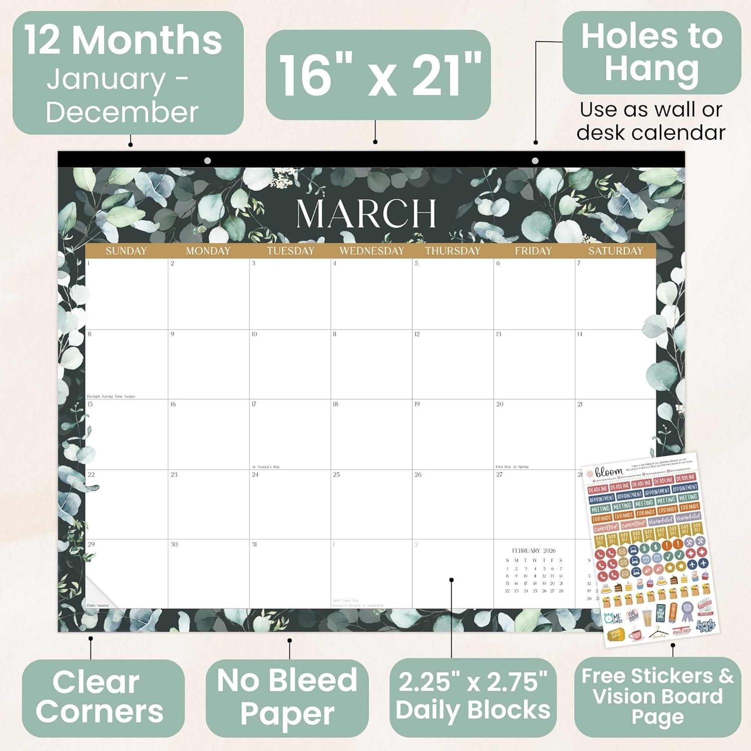 image:imagebloom daily planners 2026 Desk Calendar January to December Large Wall Calendar 21 x 16 Desktop amp Hanging Monthly Planner with Stickers for Home or Office Holiday IconsGreenery