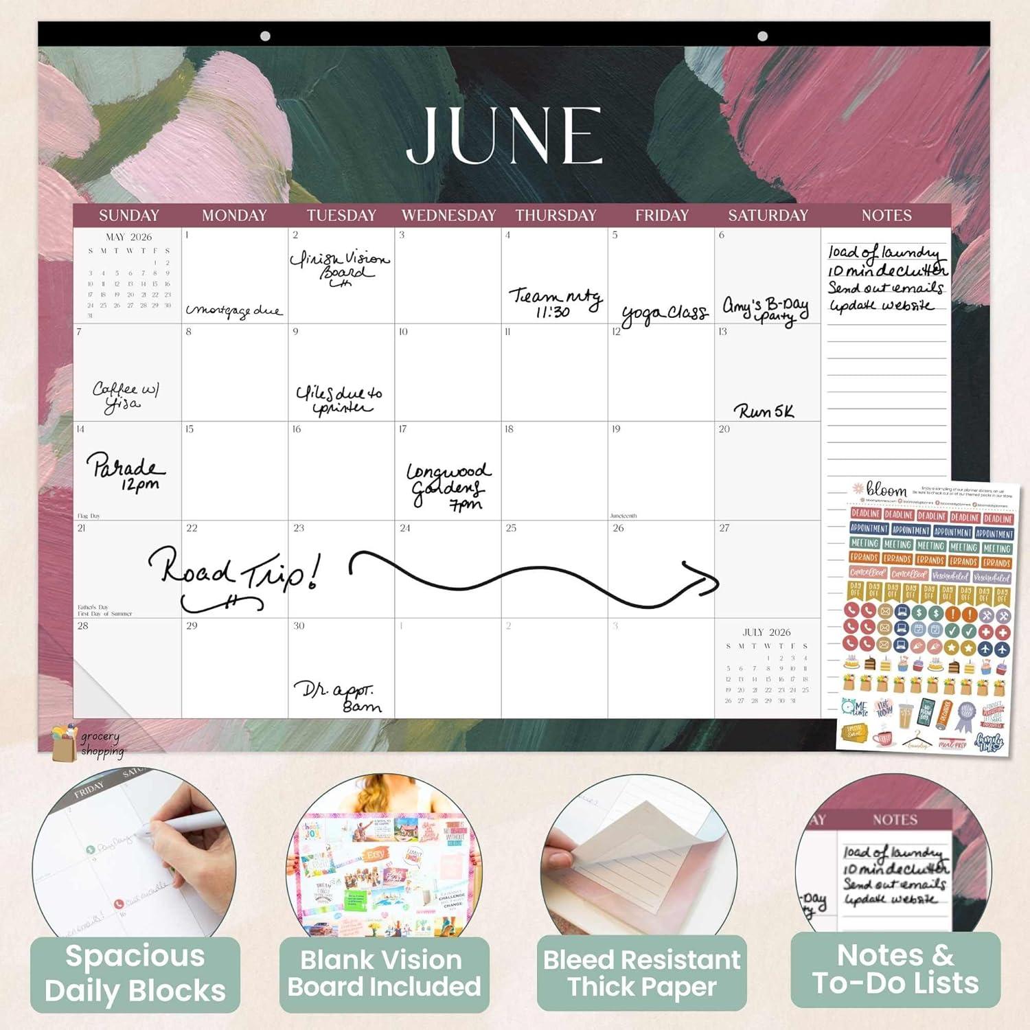 image:imagebloom daily planners 2026 Desk Calendar January to December Large Wall Calendar 21 x 16 Desktop amp Hanging Monthly Planner with Stickers for Home or Office Holiday IconsPaint Strokes