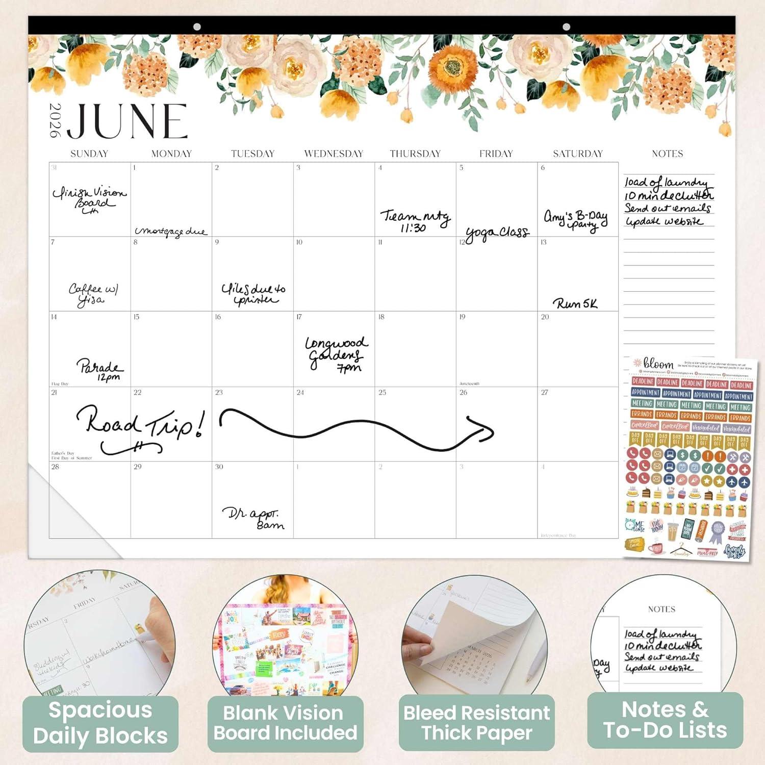 image:imagebloom daily planners 2026 Desk Calendar January to December Large Wall Calendar 21 x 16 Desktop amp Hanging Monthly Planner with Stickers for Home or Office Holiday IconsSeasonal Florals