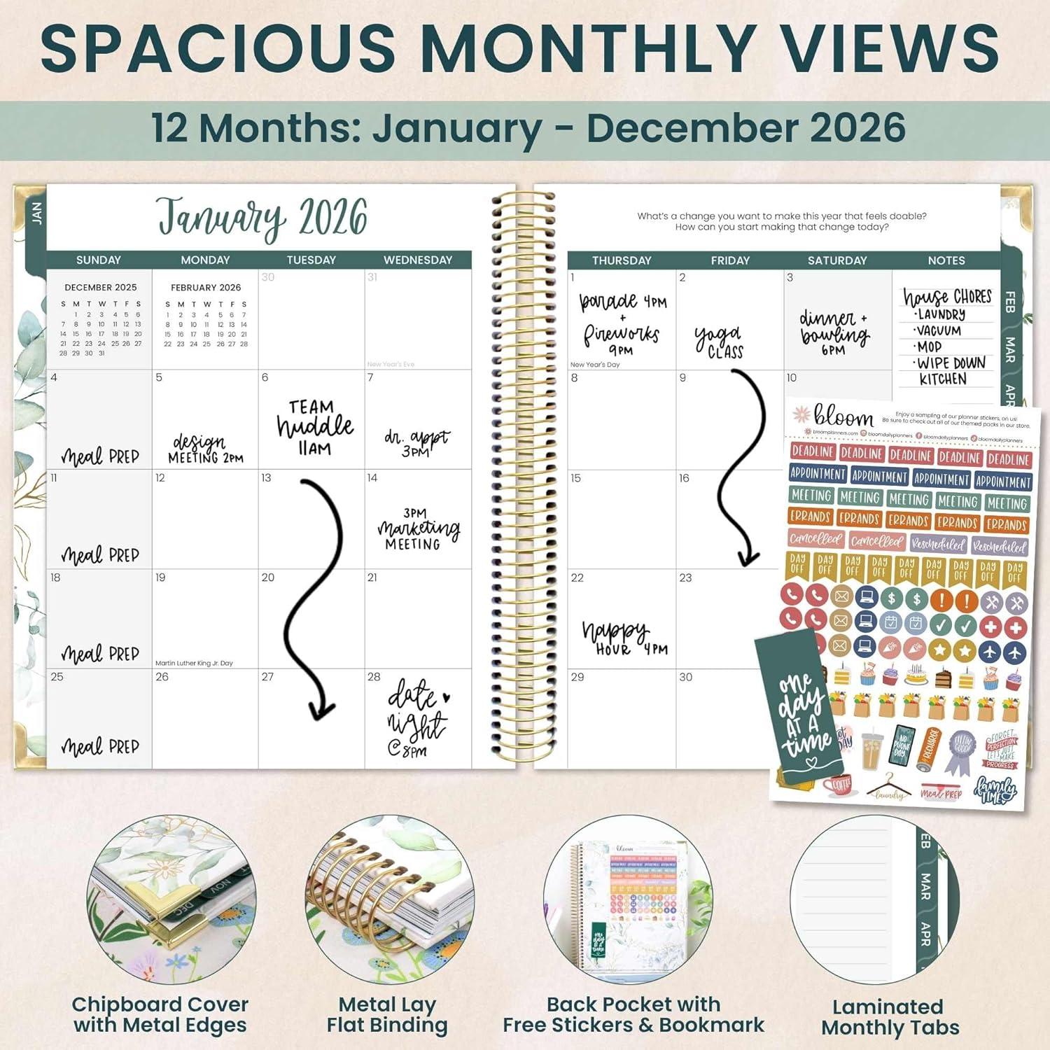 image:imagebloom daily planners 2026 Hardcover Calendar Year Goal amp Vision Planner January to December Monthly amp Weekly Agenda Organizer 75 x 9 Beige BouquetWhite Eucalyptus