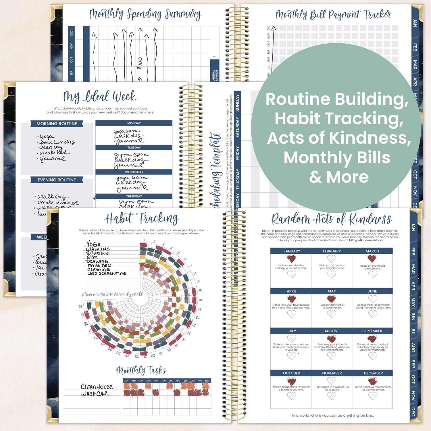 image:imagebloom daily planners 2026 Hardcover Calendar Year Goal amp Vision Planner January to December Monthly amp Weekly Agenda Organizer 75 x 9 Beige BouquetMidnight Sky