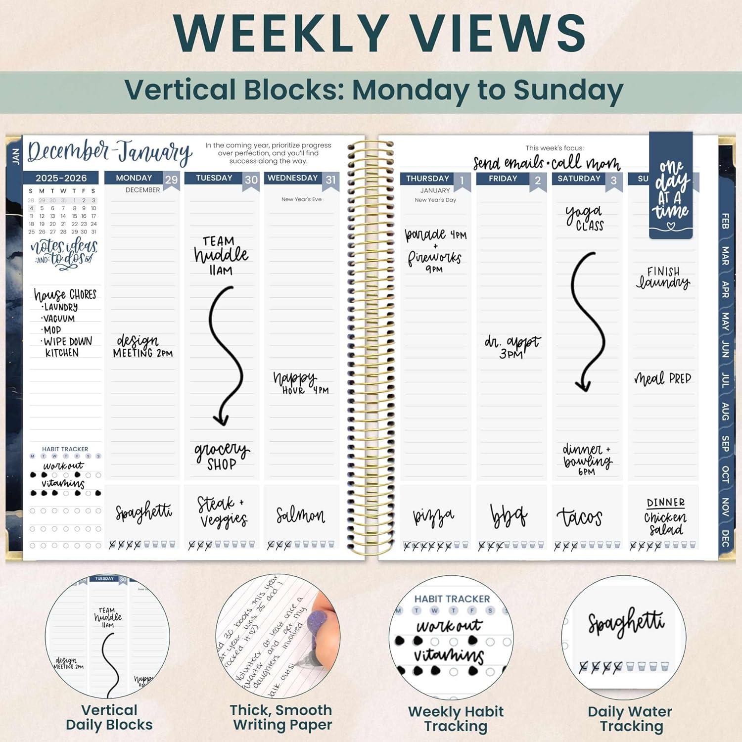 image:imagebloom daily planners 2026 Hardcover Calendar Year Goal amp Vision Planner January to December Monthly amp Weekly Agenda Organizer 75 x 9 Beige BouquetMidnight Sky