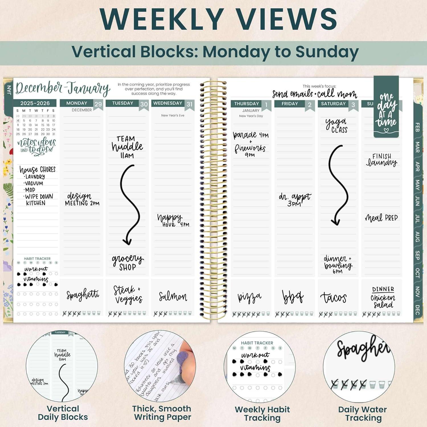 image:imagebloom daily planners 2026 Hardcover Calendar Year Goal amp Vision Planner January to December Monthly amp Weekly Agenda Organizer 75 x 9 Beige BouquetGarden Party