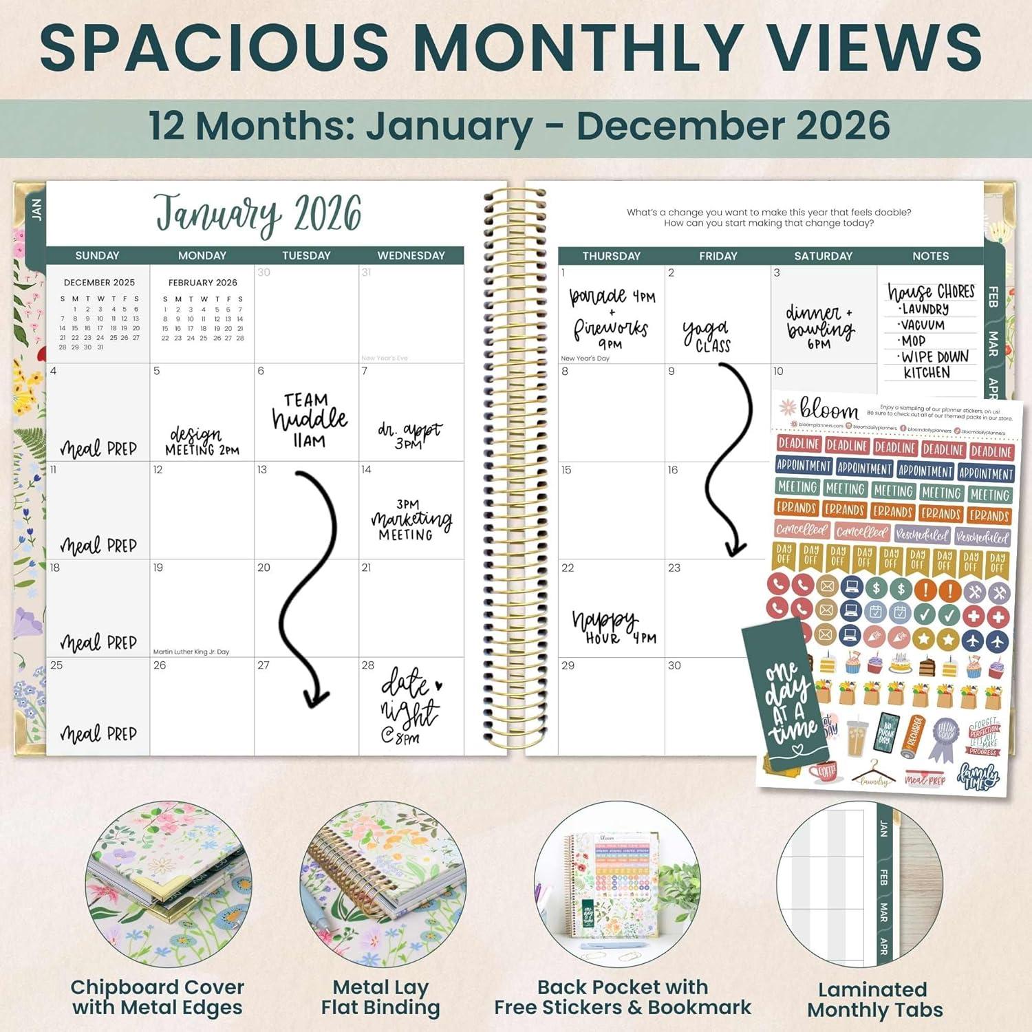 image:imagebloom daily planners 2026 Hardcover Calendar Year Goal amp Vision Planner January to December Monthly amp Weekly Agenda Organizer 75 x 9 Beige BouquetGarden Party