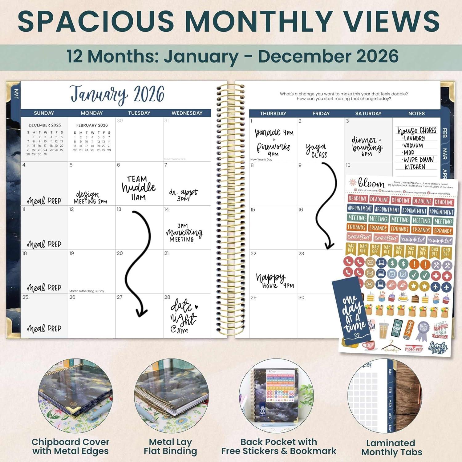 image:imagebloom daily planners 2026 Hardcover Calendar Year Goal amp Vision Planner January to December Monthly amp Weekly Agenda Organizer 75 x 9 Beige BouquetMidnight Sky