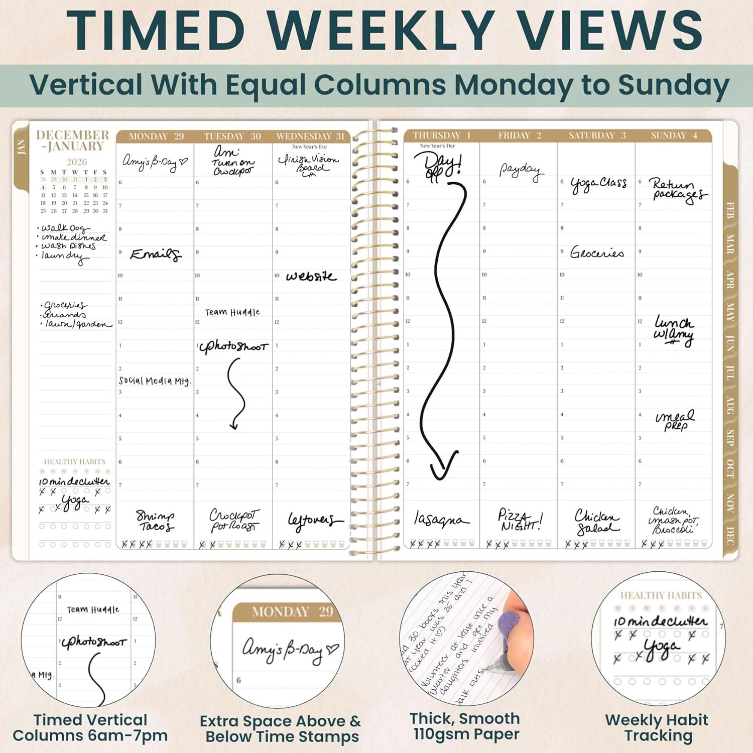image:imagebloom daily planners 2026 Hourly Appointment Planner January to December 85 x 11 Timed Vertical Weekly Planner with Time Slots Monthly Views Interchangeable Cover