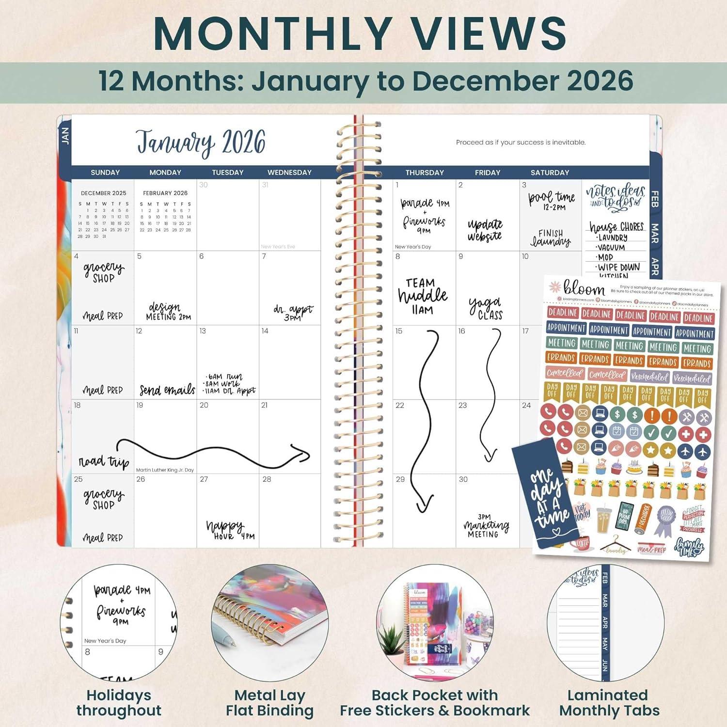 image:imagebloom daily planners 2026 Planner January December Calendar Year Organizer 55 x 825 Weekly amp Monthly Agenda Book with Stickers amp Bookmark Brilliant BrushstrokesBrilliant Brushstrokes