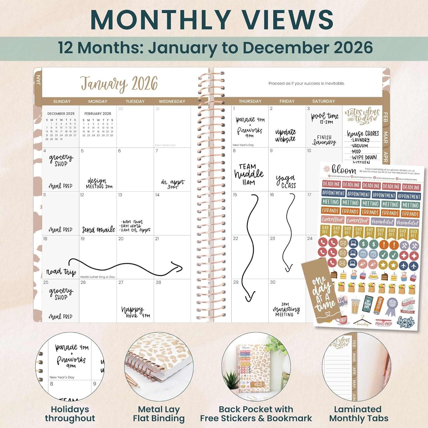 image:imagebloom daily planners 2026 Planner January December Calendar Year Organizer 55 x 825 Weekly amp Monthly Agenda Book with Stickers amp Bookmark Brilliant BrushstrokesTan Leopard
