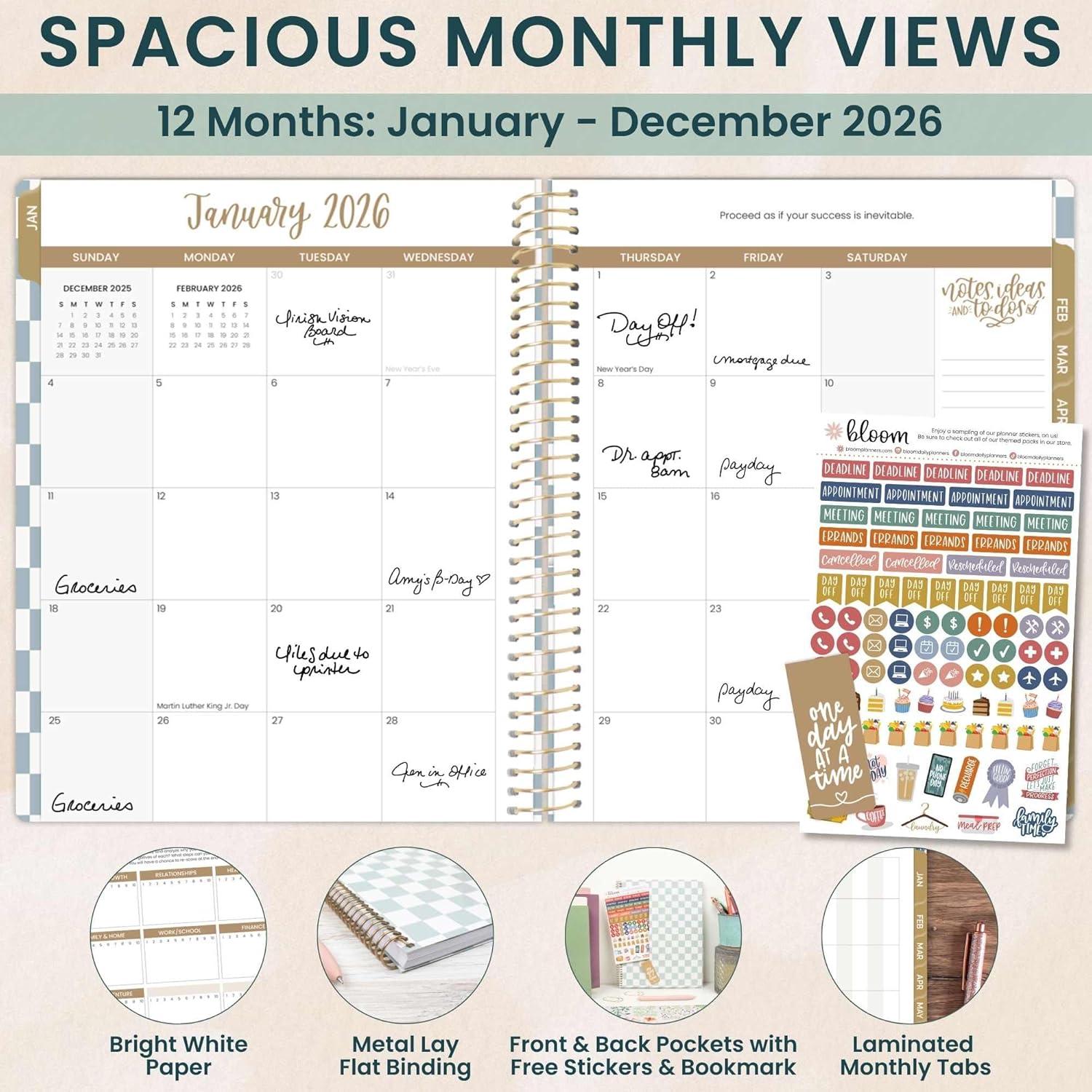 image:imagebloom daily planners 2026 Planner January December Calendar Year Organizer 55 x 825 Weekly amp Monthly Agenda Book with Stickers amp Bookmark Brilliant BrushstrokesCheckered