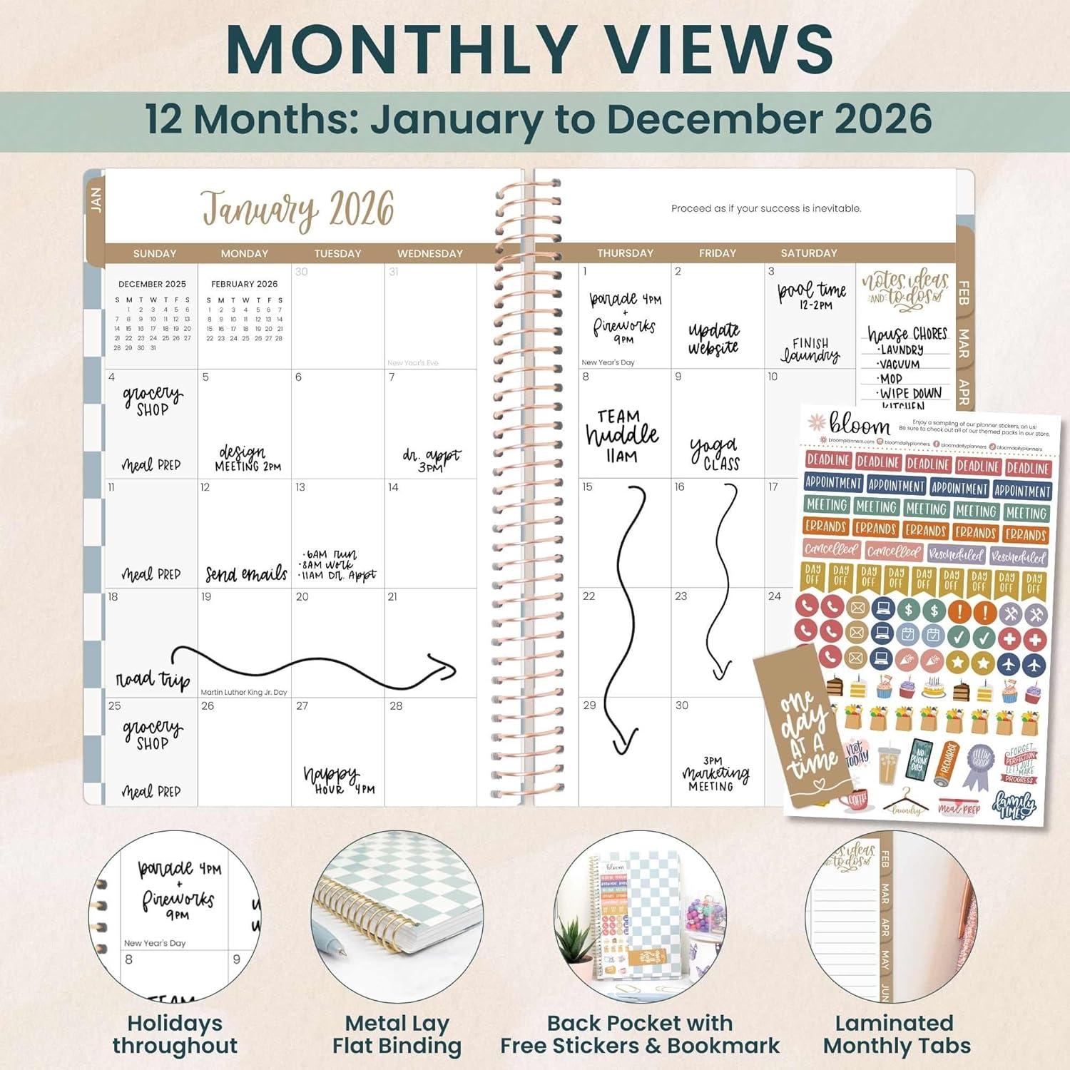 image:imagebloom daily planners 2026 Planner January December Calendar Year Organizer 55 x 825 Weekly amp Monthly Agenda Book with Stickers amp Bookmark Brilliant BrushstrokesCheckered