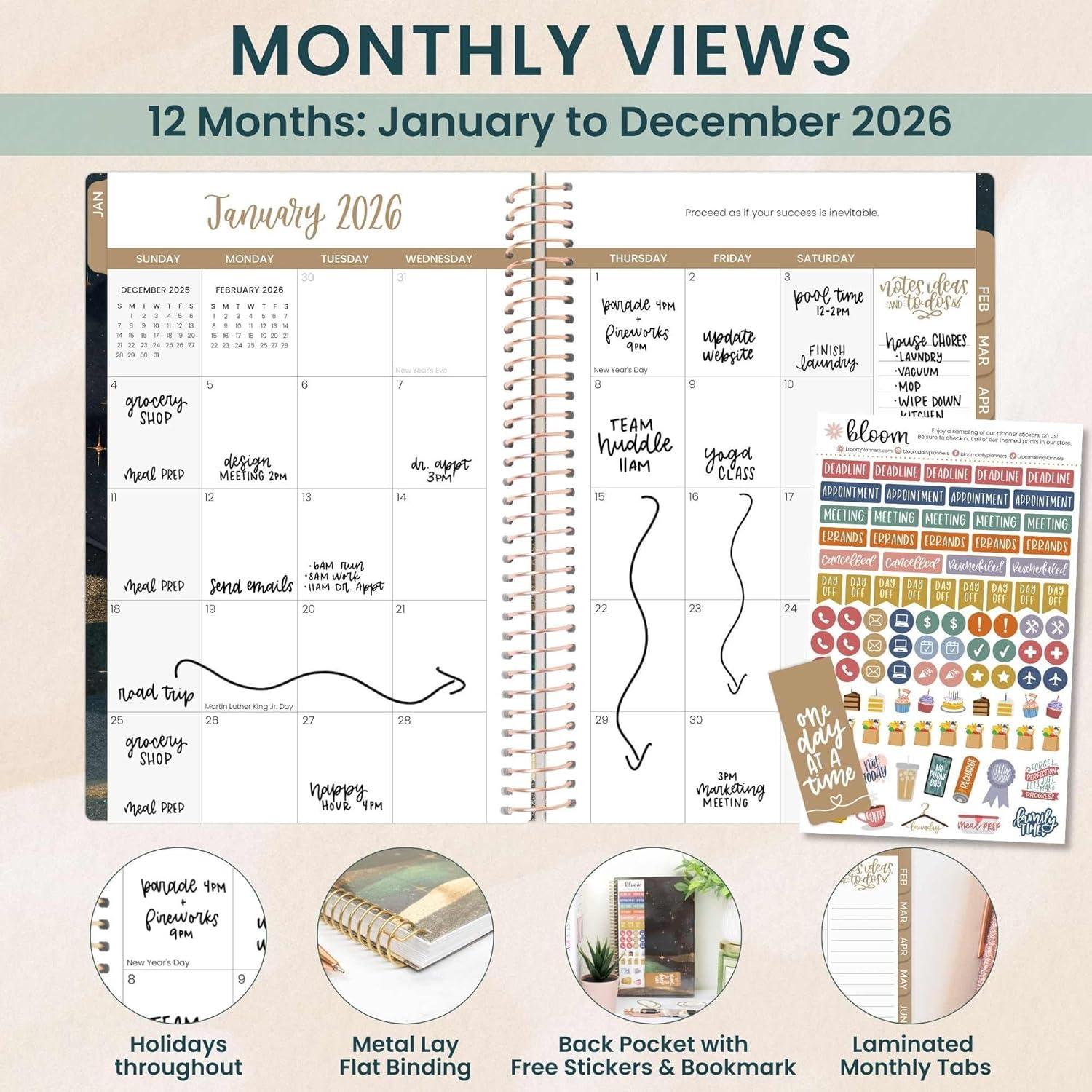 image:imagebloom daily planners 2026 Planner January to December 85 x 11 Weekly amp Monthly Dated Agenda Organizer Book with Stickers amp Tabs Flexible Soft Cover Good Things Are ComingCelestial Skies