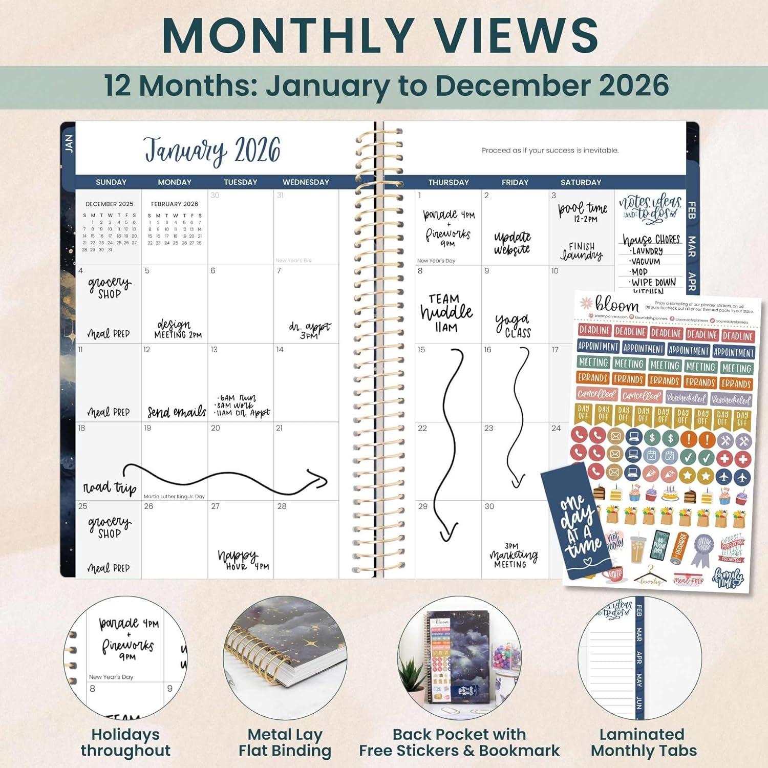 image:imagebloom daily planners 2026 Planner January to December 85 x 11 Weekly amp Monthly Dated Agenda Organizer Book with Stickers amp Tabs Flexible Soft Cover Good Things Are ComingMidnight Sky