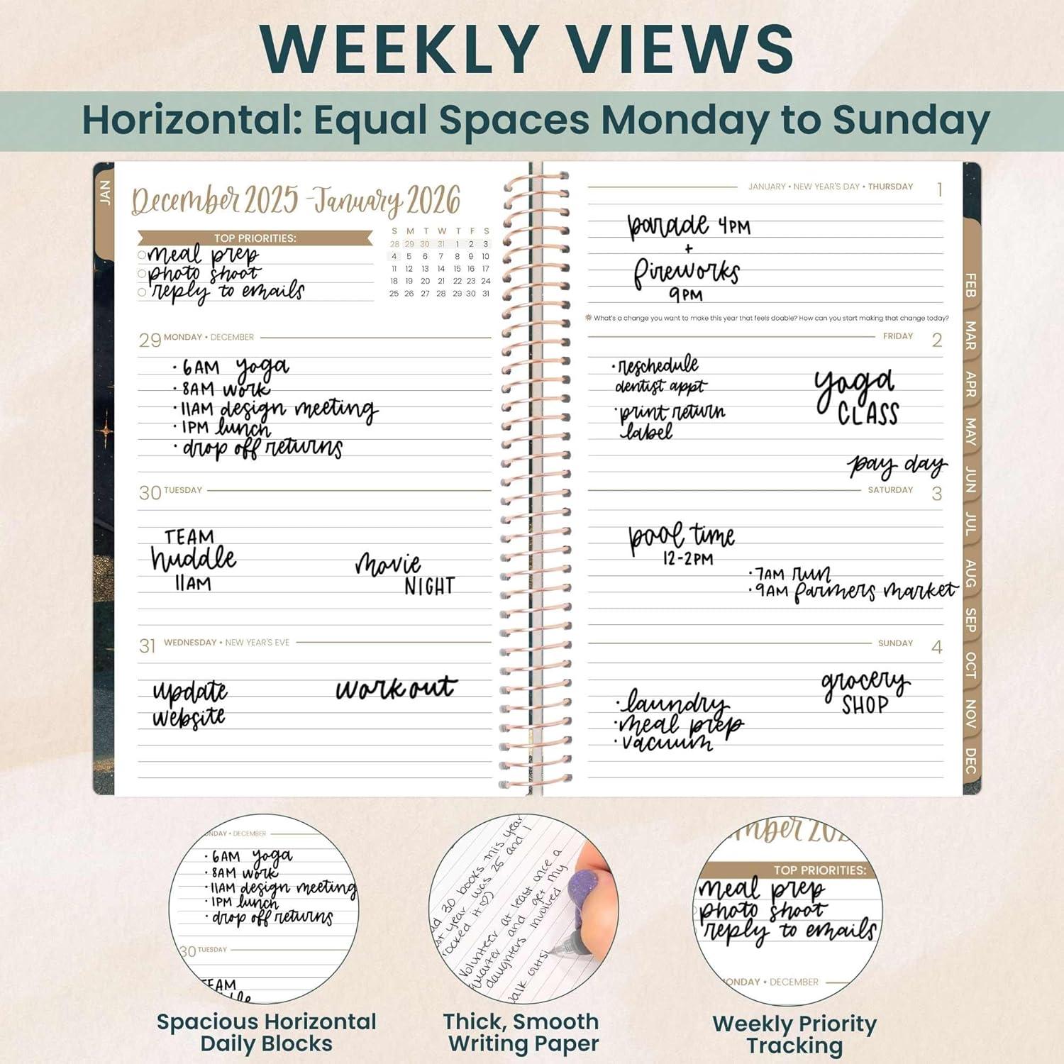 image:imagebloom daily planners 2026 Planner January to December 85 x 11 Weekly amp Monthly Dated Agenda Organizer Book with Stickers amp Tabs Flexible Soft Cover Good Things Are ComingCelestial Skies