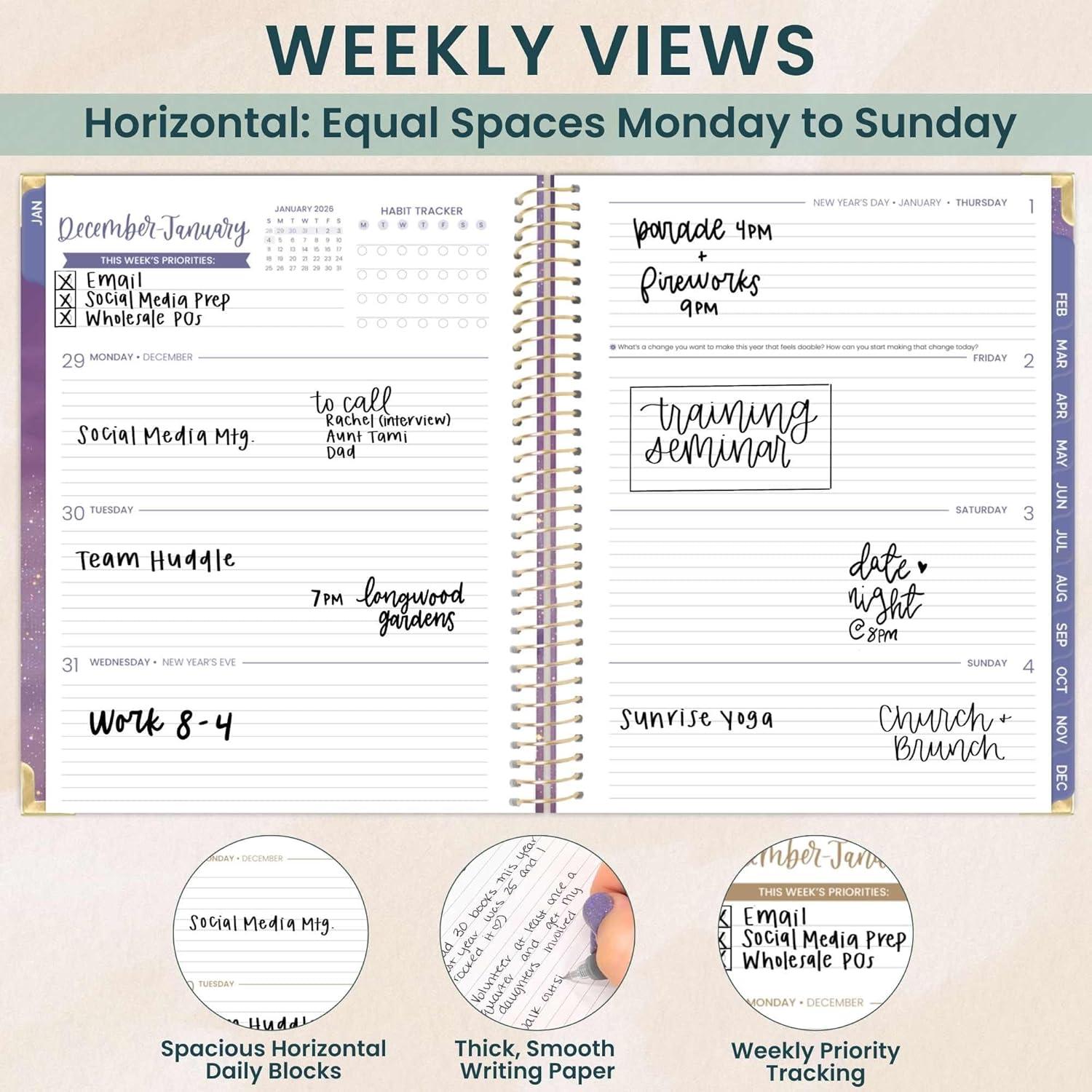 image:imagebloom daily planners HARDCOVER 2026 Planner January to December 85 x 11 Weekly amp Monthly Dated Agenda Organizer Book with Stickers amp Tabs Celestial SkiesGood Things Are Coming
