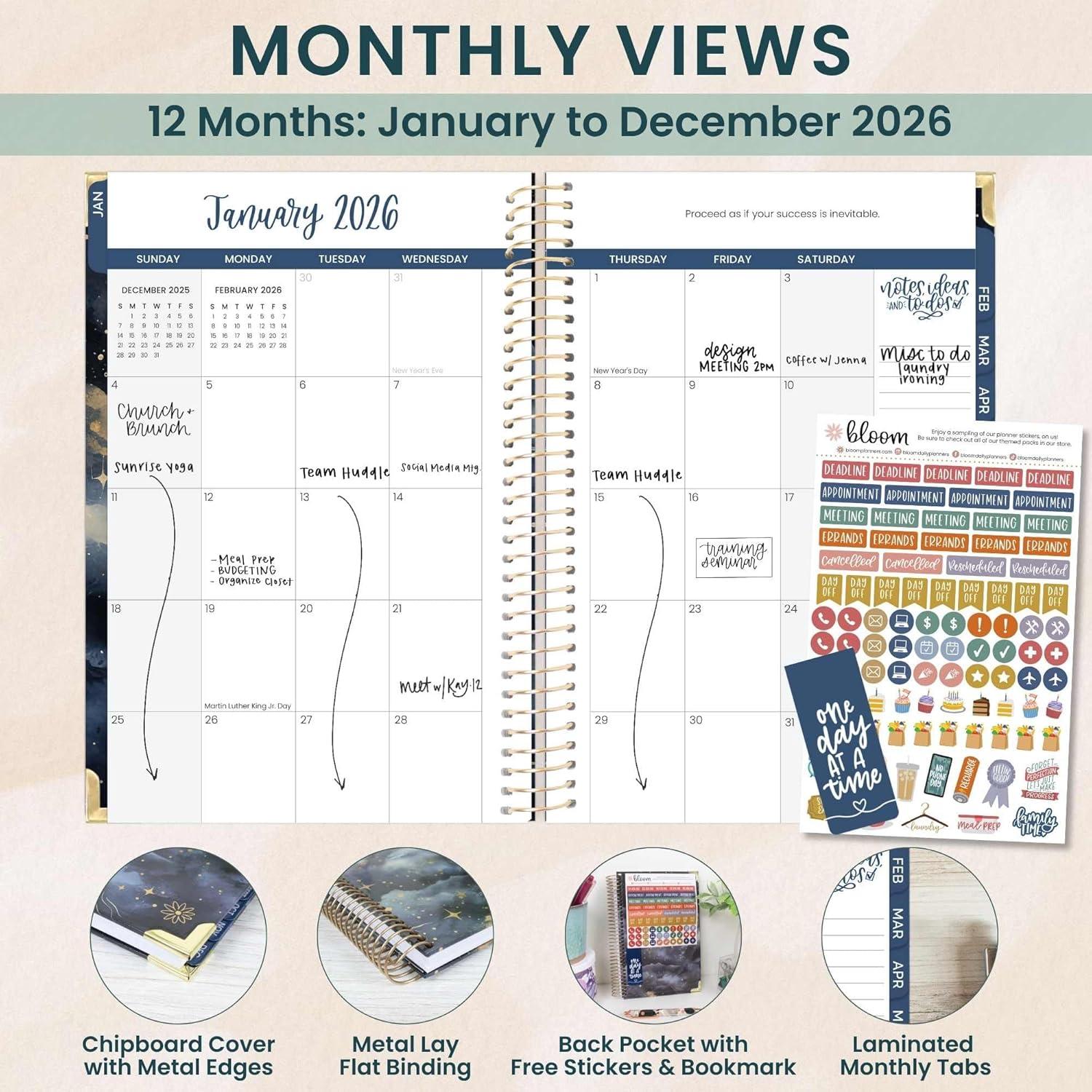 image:imagebloom daily planners HARDCOVER 2026 Planner January to December 85 x 11 Weekly amp Monthly Dated Agenda Organizer Book with Stickers amp Tabs Celestial SkiesMidnight Sky