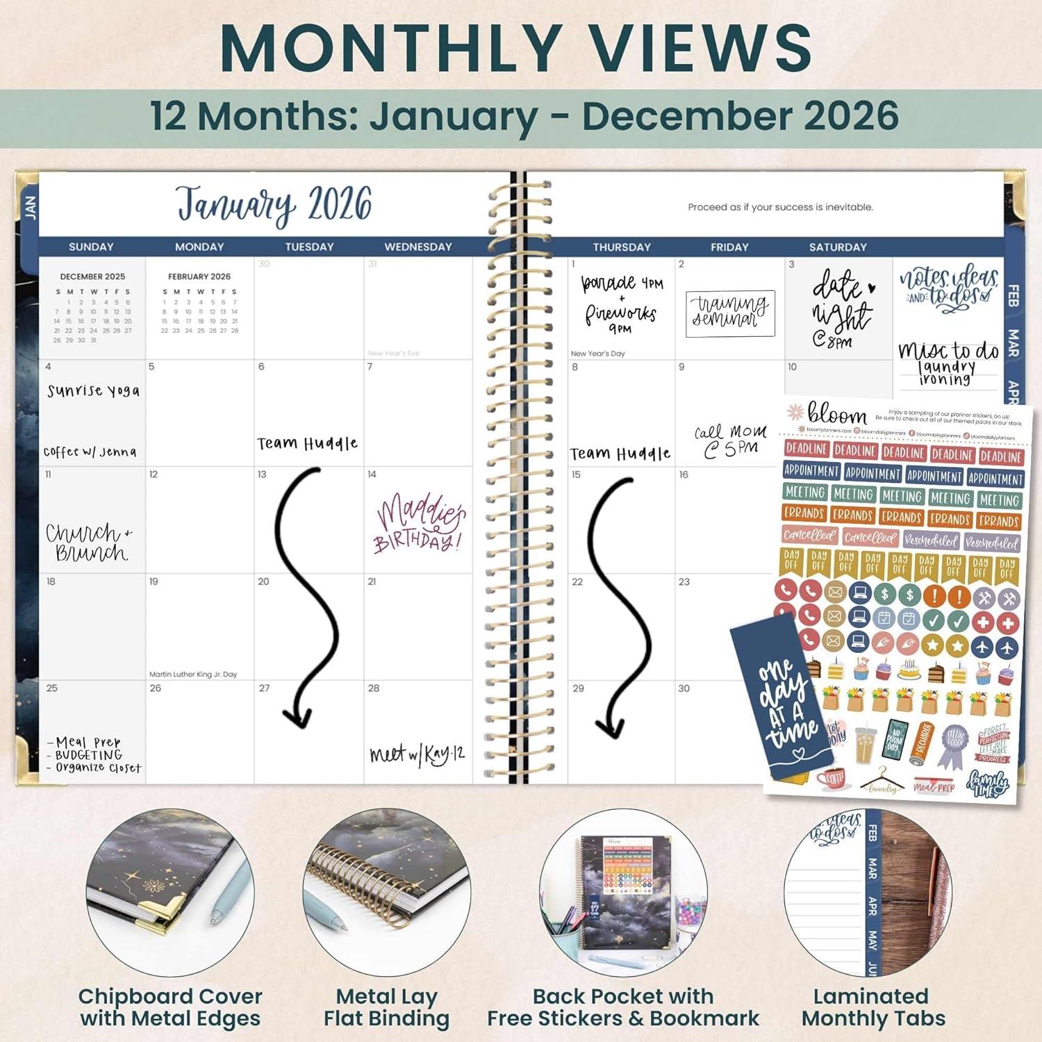 image:imagebloom daily planners HARDCOVER 2026 Planner January to December 85 x 11 Weekly amp Monthly Dated Agenda Organizer Book with Stickers amp Tabs Celestial SkiesMidnight Sky
