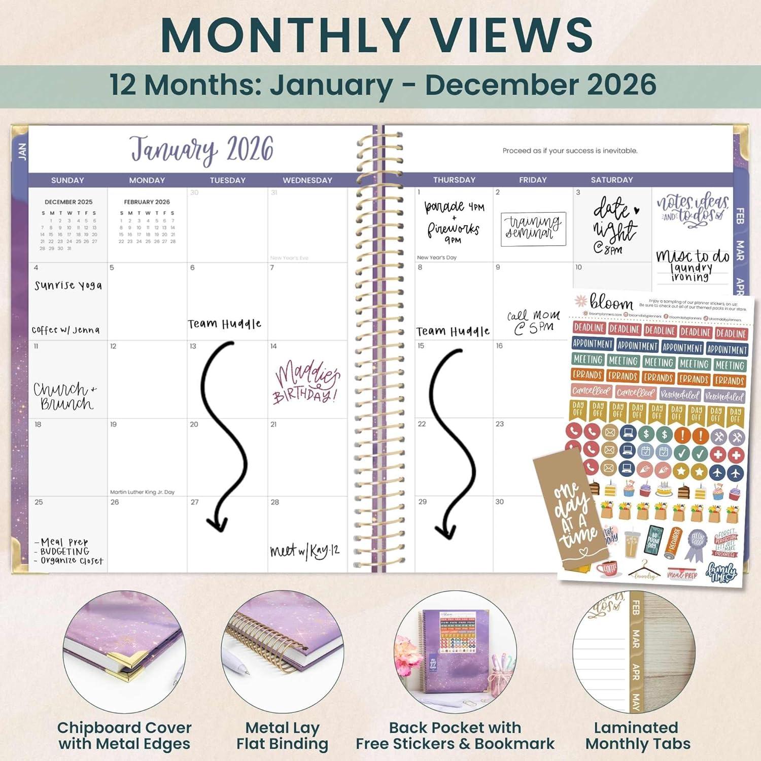 image:imagebloom daily planners HARDCOVER 2026 Planner January to December 85 x 11 Weekly amp Monthly Dated Agenda Organizer Book with Stickers amp Tabs Celestial SkiesGood Things Are Coming