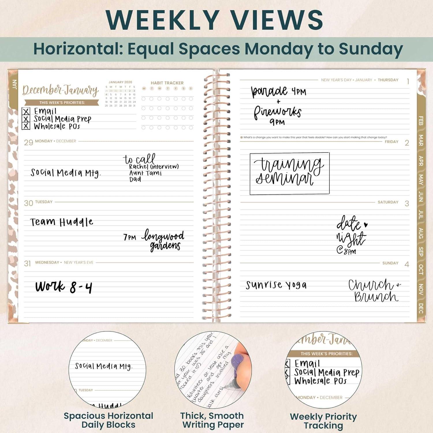 image:imagebloom daily planners HARDCOVER 2026 Planner January to December 85 x 11 Weekly amp Monthly Dated Agenda Organizer Book with Stickers amp Tabs Coastal CalmTan Leopard