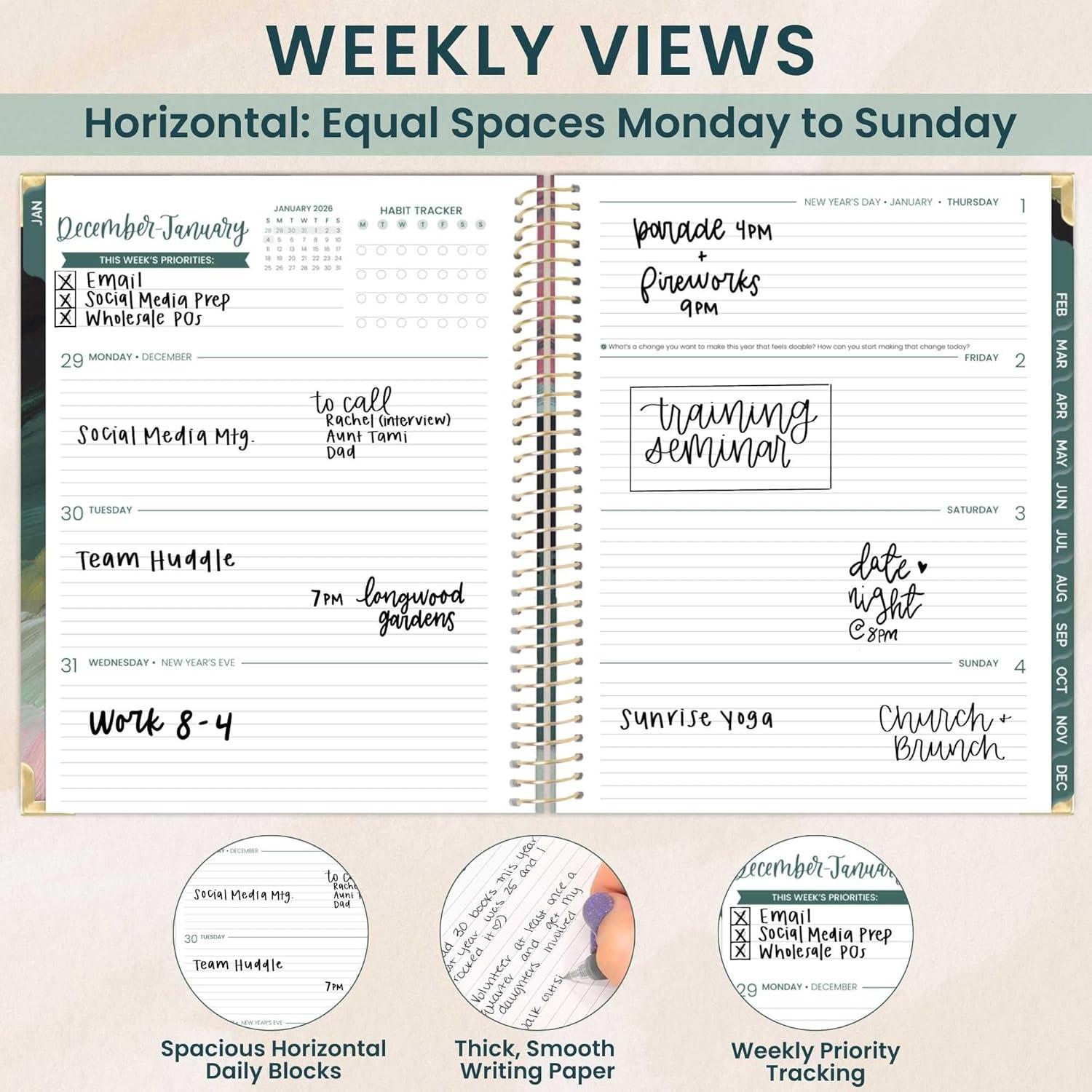 image:imagebloom daily planners HARDCOVER 2026 Planner January to December 85 x 11 Weekly amp Monthly Dated Agenda Organizer Book with Stickers amp Tabs Coastal CalmEmerald Paint Strokes