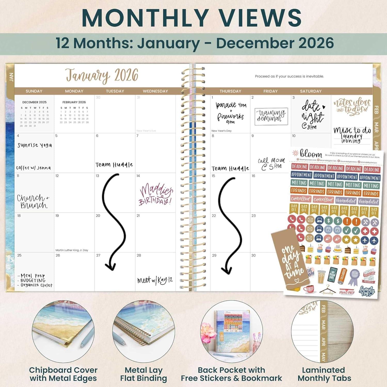 image:imagebloom daily planners HARDCOVER 2026 Planner January to December 85 x 11 Weekly amp Monthly Dated Agenda Organizer Book with Stickers amp Tabs Coastal CalmCoastal Calm