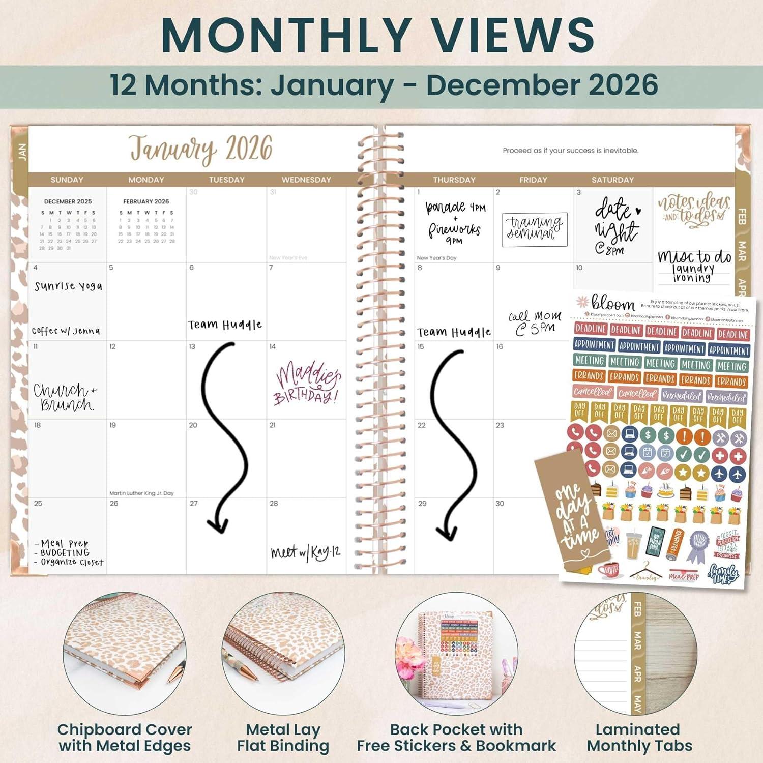 image:imagebloom daily planners HARDCOVER 2026 Planner January to December 85 x 11 Weekly amp Monthly Dated Agenda Organizer Book with Stickers amp Tabs Coastal CalmTan Leopard