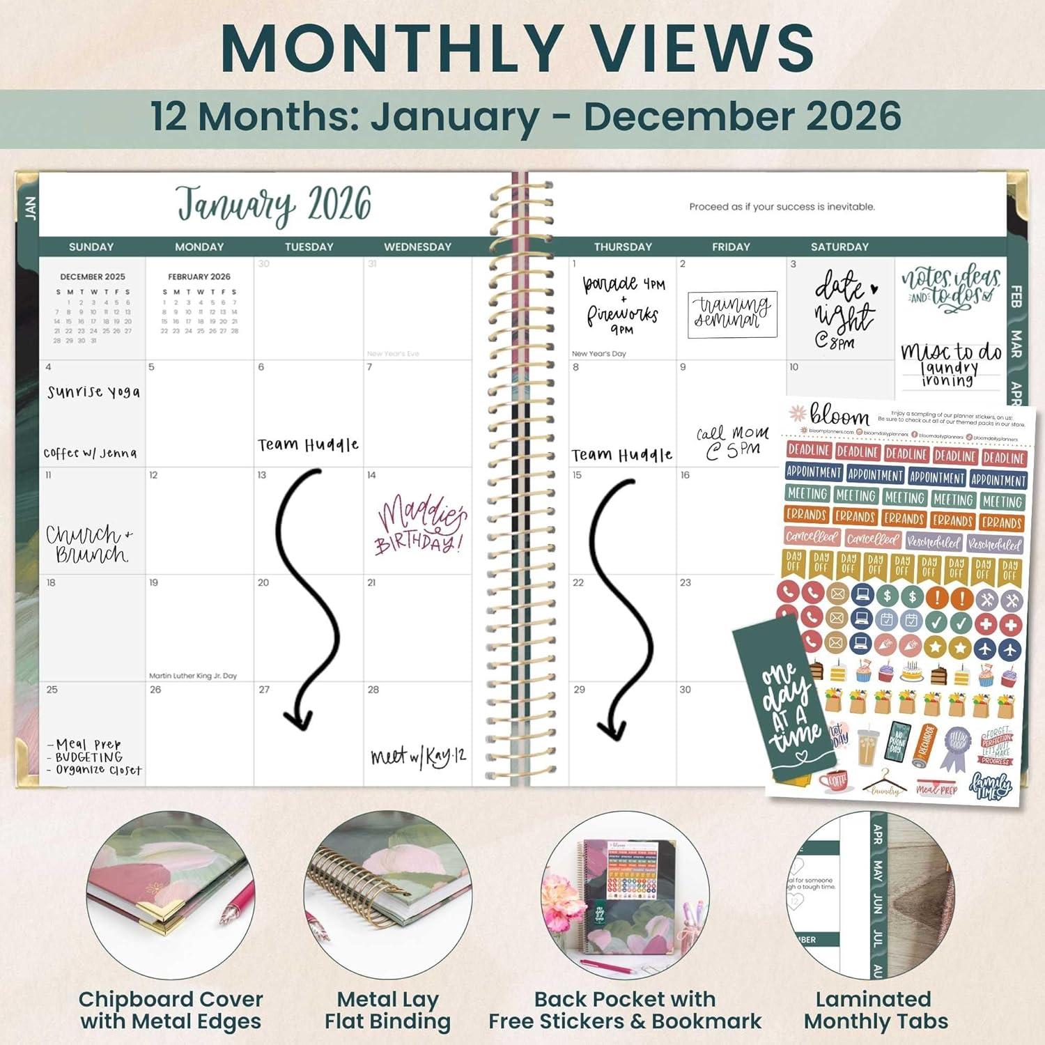 image:imagebloom daily planners HARDCOVER 2026 Planner January to December 85 x 11 Weekly amp Monthly Dated Agenda Organizer Book with Stickers amp Tabs Coastal CalmEmerald Paint Strokes