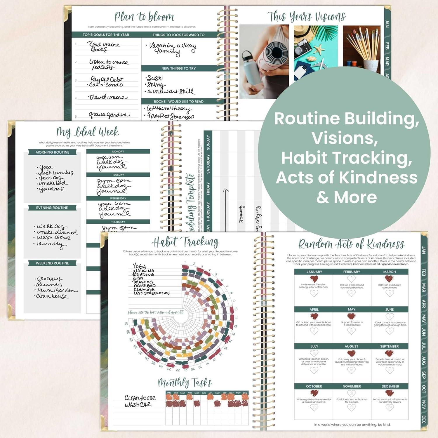 image:imagebloom daily planners HARDCOVER 2026 Planner January to December 85 x 11 Weekly amp Monthly Dated Agenda Organizer Book with Stickers amp Tabs Coastal CalmEmerald Paint Strokes