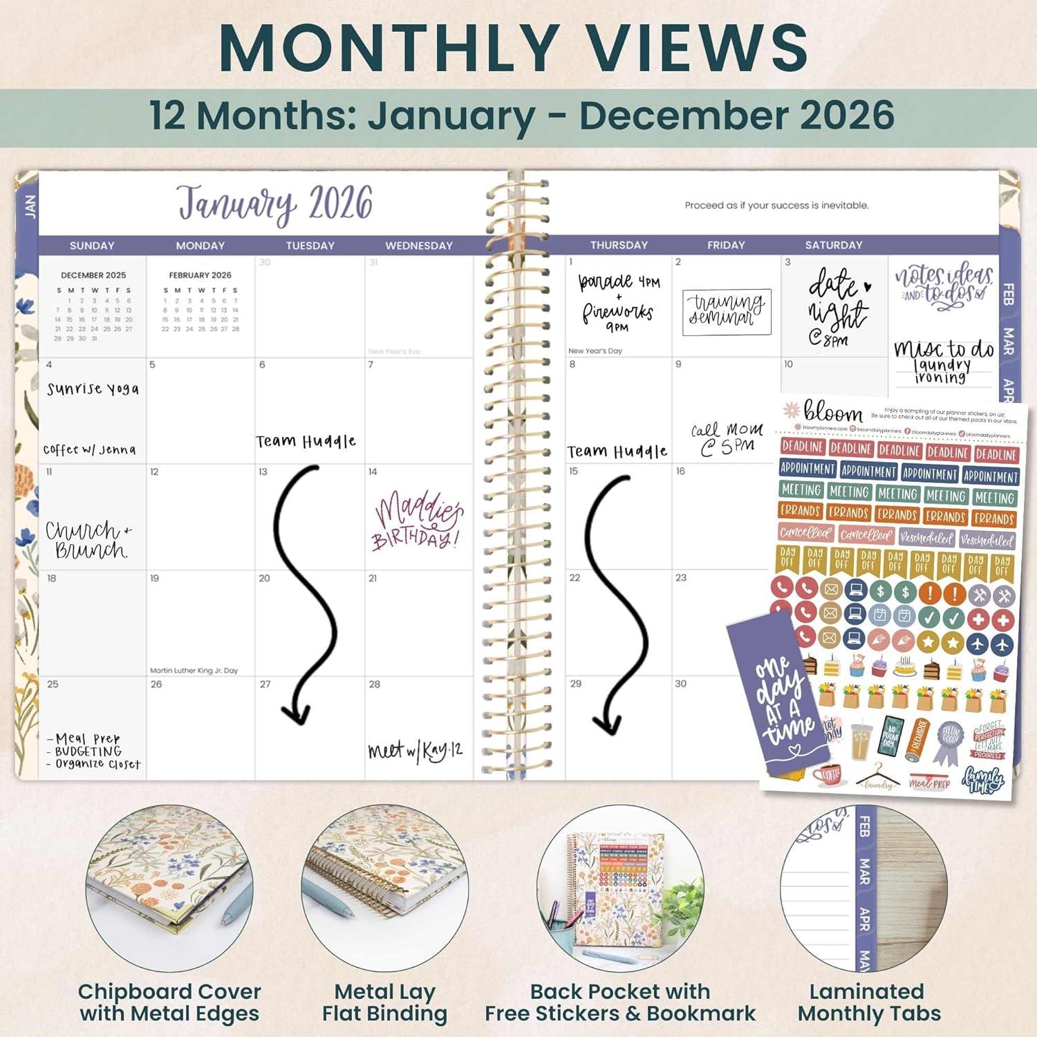 image:imagebloom daily planners HARDCOVER 2026 Planner January to December 85 x 11 Weekly amp Monthly Dated Agenda Organizer Book with Stickers amp Tabs Spread Kindness Like WildflowersWhimsical Wildflowers