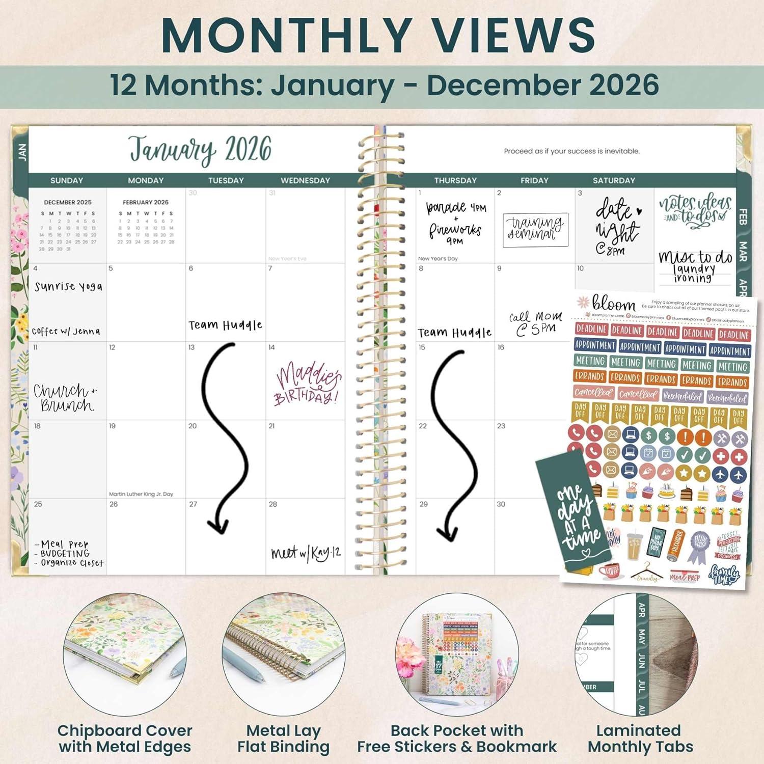 image:imagebloom daily planners HARDCOVER 2026 Planner January to December 85 x 11 Weekly amp Monthly Dated Agenda Organizer Book with Stickers amp Tabs Spread Kindness Like WildflowersGarden Party