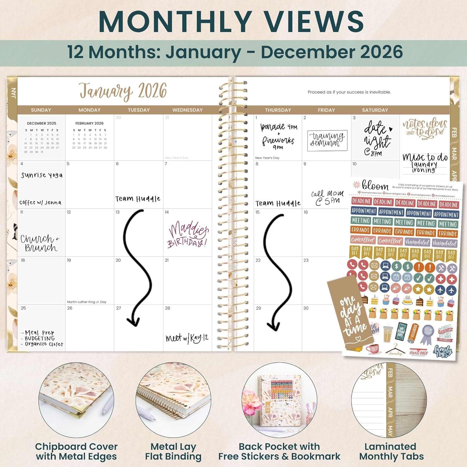 image:imagebloom daily planners HARDCOVER 2026 Planner January to December 85 x 11 Weekly amp Monthly Dated Agenda Organizer Book with Stickers amp Tabs Spread Kindness Like WildflowersButterfly Garden
