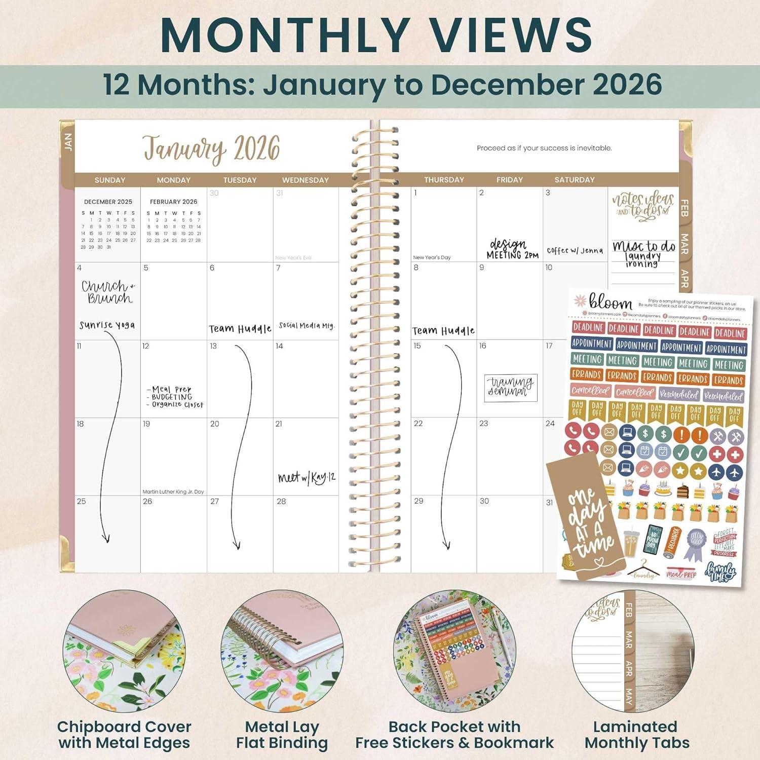 image:imagebloom daily planners HARDCOVER 2026 Planner for Women January to December A5 Task Goal Organizer Monthly amp Weekly Inspirational Agenda Book 55 x 825 Linen PurplePink Linen