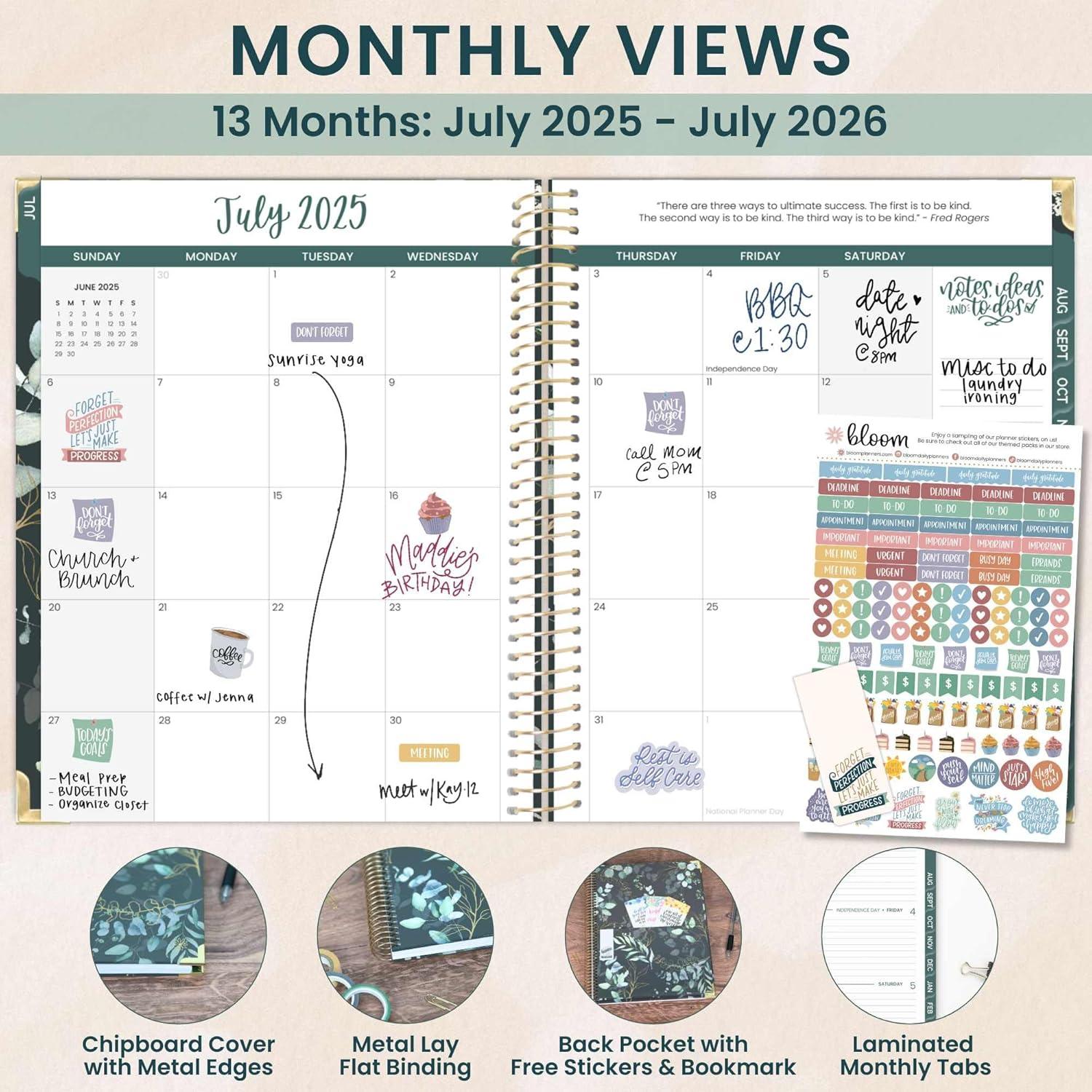 image:imagebloom daily planners HARDCOVER Planner 20252026 Academic Year July 2025 July 2026 A5 Task Goal Organizer Monthly amp Weekly Inspirational Agenda Book 55 x 825 White EucalyptusGreen
