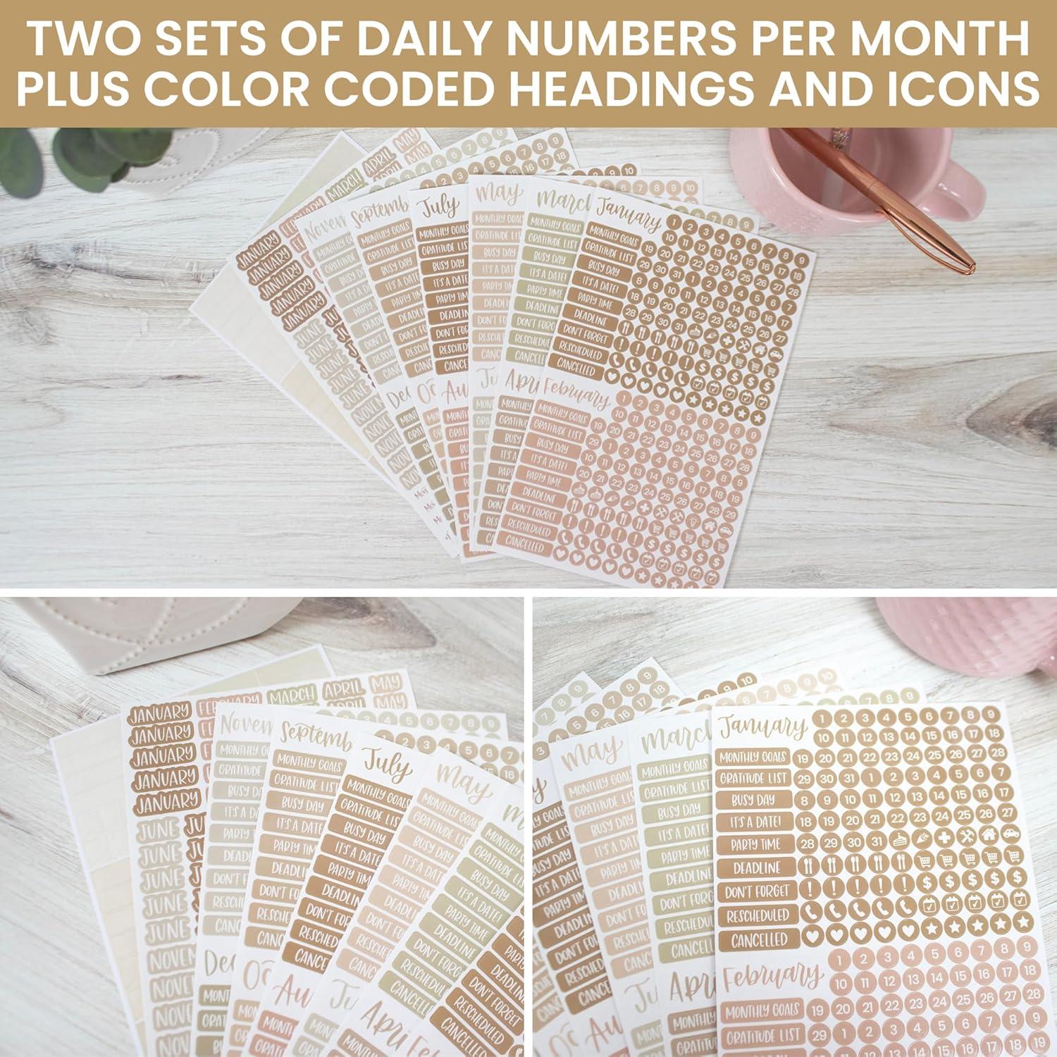 image:imagebloom daily planners Muted Neutrals Calendar Essentials Planner Stickers 8 Sheets 1629 Stickers Per Pack Color Coordinating Monthly Headings Dates Icons Etc Aesthetic BohoAesthetic Boho