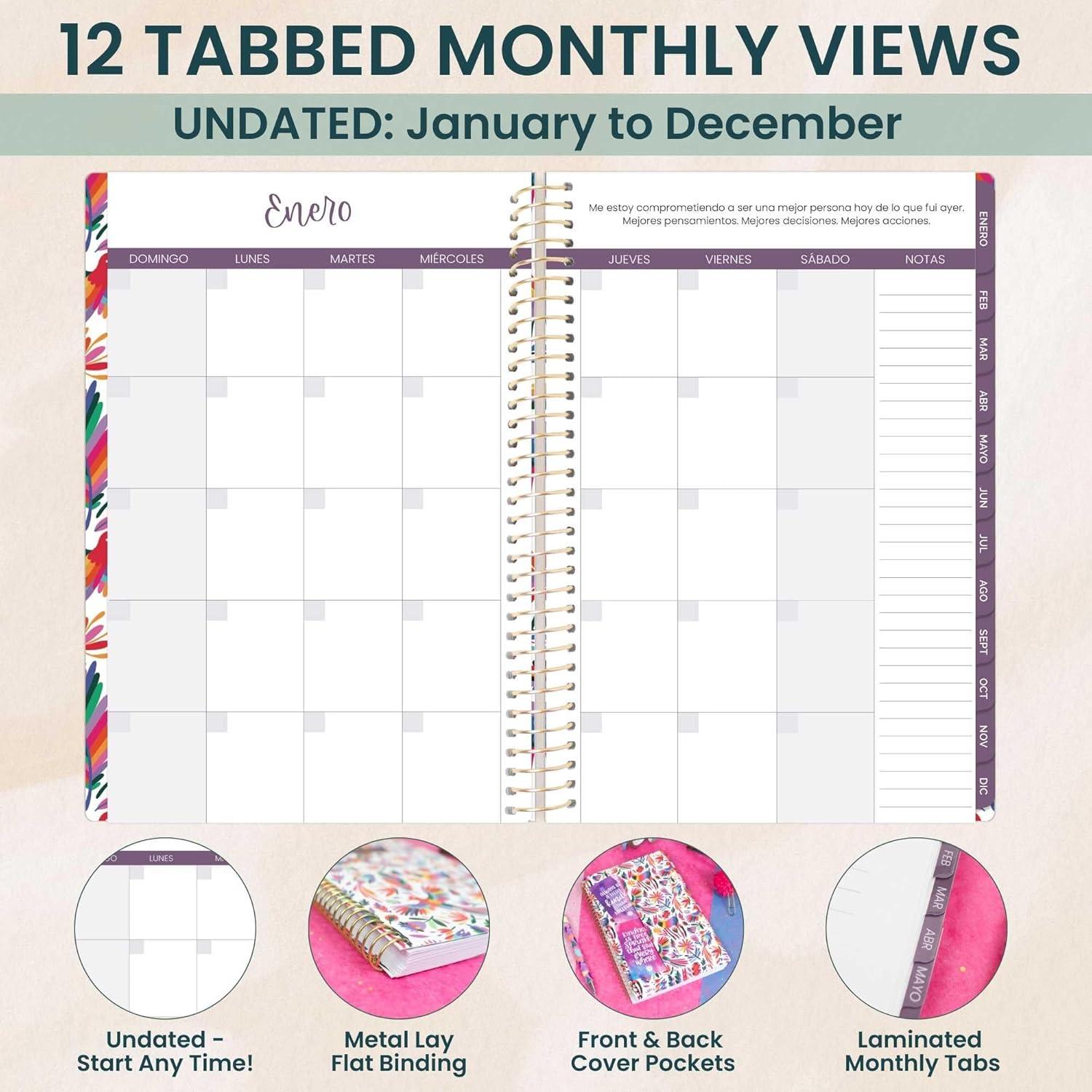 image:imagebloom daily planners UNDATED Spanish Calendar Year Day Planner PassionGoal Organizer Start Anytime Monthly amp Weekly Agenda Book with Tabs January to December 55 x 825 Otomi EmbroideryOtomi Embroidery