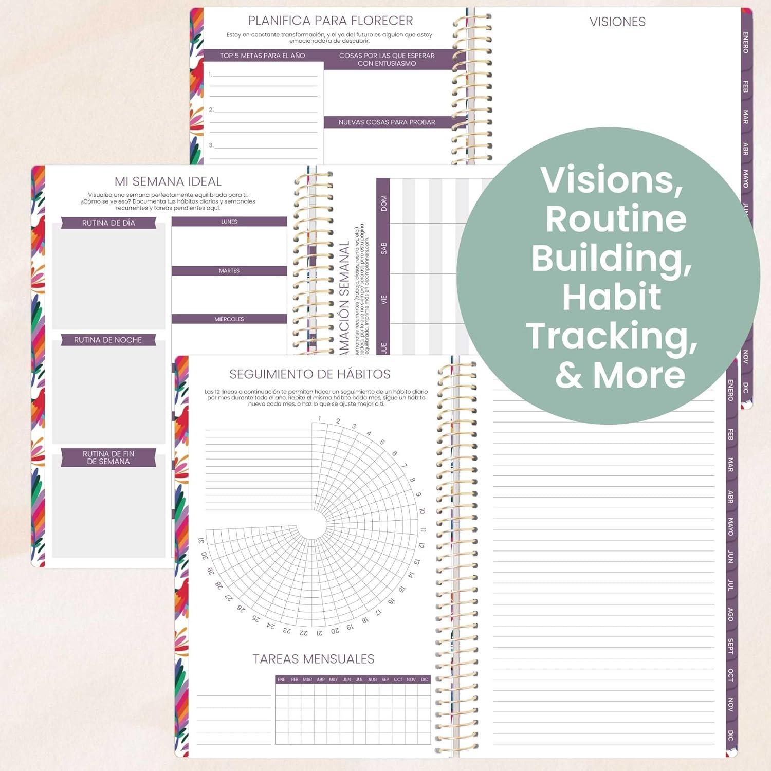 image:imagebloom daily planners UNDATED Spanish Calendar Year Day Planner PassionGoal Organizer Start Anytime Monthly amp Weekly Agenda Book with Tabs January to December 55 x 825 Otomi EmbroideryOtomi Embroidery