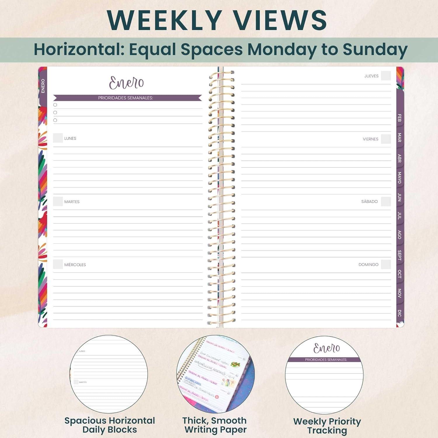 image:imagebloom daily planners UNDATED Spanish Calendar Year Day Planner PassionGoal Organizer Start Anytime Monthly amp Weekly Agenda Book with Tabs January to December 55 x 825 Otomi EmbroideryOtomi Embroidery