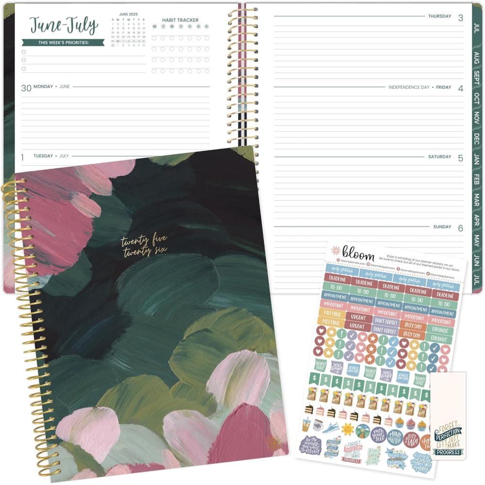image:imagebloom daily planners 20252026 85 x 11 Academic Year Day Planner July 2025 July 2026 Weekly amp Monthly Dated Agenda Organizer with Stickers amp Tabs Emerald Paint Strokes