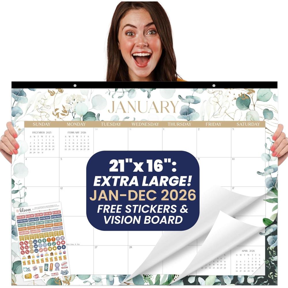 image:imagebloom daily planners 2026 Desk Calendar January to December Large Wall Calendar 21 x 16 Desktop amp Hanging Monthly Planner with Stickers for Home or Office Holiday IconsGreenery