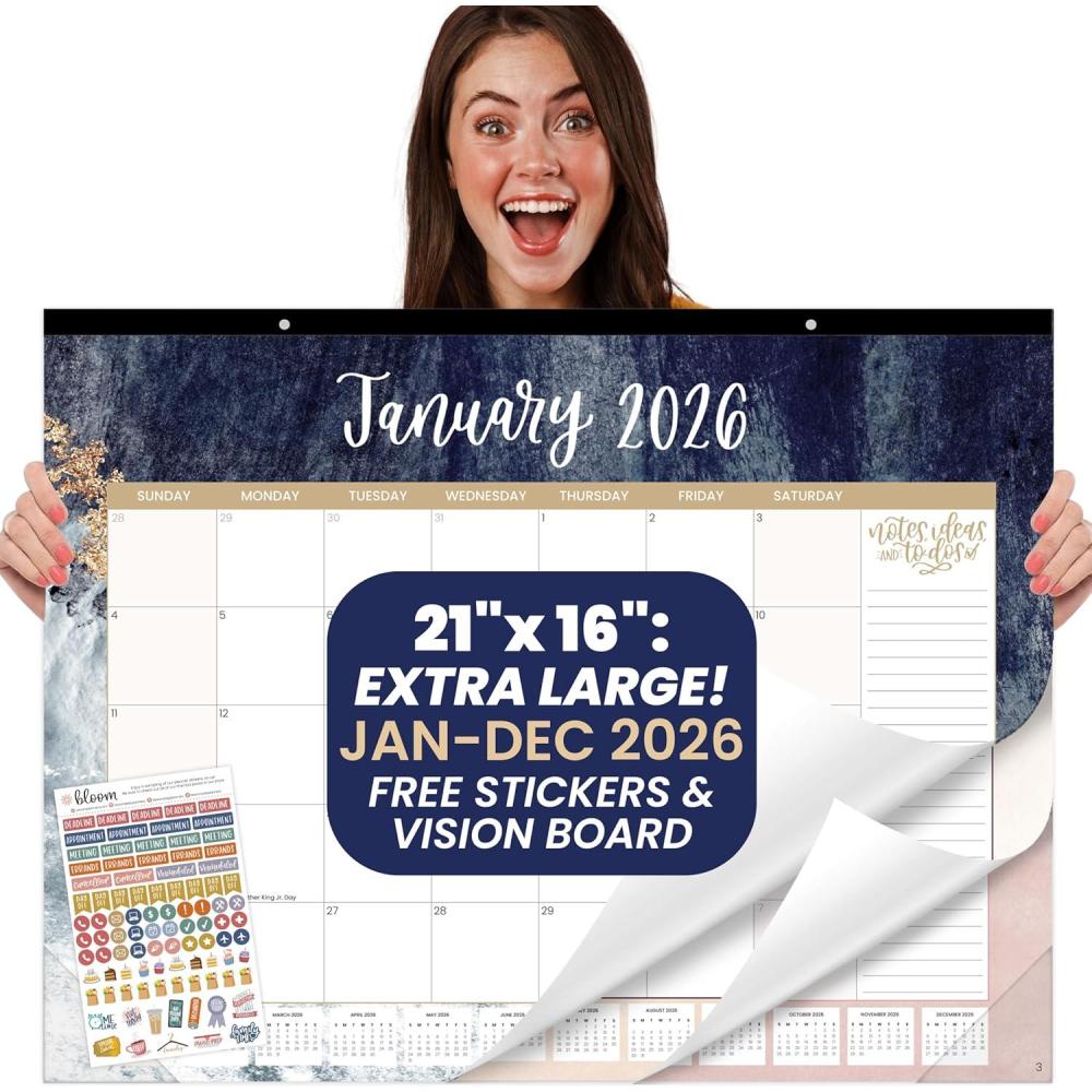 image:imagebloom daily planners 2026 Desk Calendar January to December Large Wall Calendar 21 x 16 Desktop amp Hanging Monthly Planner with Stickers for Home or Office Holiday IconsWatercolor