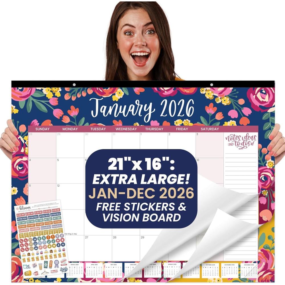 image:imagebloom daily planners 2026 Desk Calendar January to December Large Wall Calendar 21 x 16 Desktop amp Hanging Monthly Planner with Stickers for Home or Office Holiday IconsVintage Floral