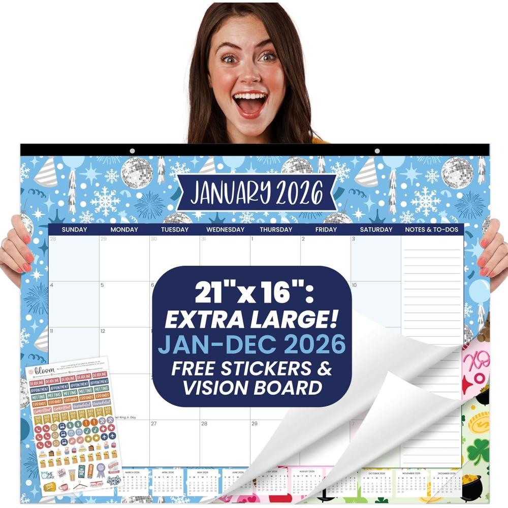 image:imagebloom daily planners 2026 Desk Calendar January to December Large Wall Calendar 21 x 16 Desktop amp Hanging Monthly Planner with Stickers for Home or Office Holiday IconsHoliday Icons