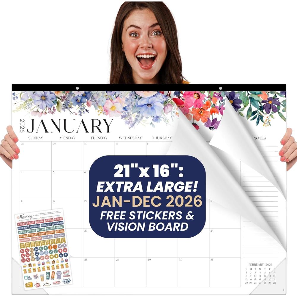 image:imagebloom daily planners 2026 Desk Calendar January to December Large Wall Calendar 21 x 16 Desktop amp Hanging Monthly Planner with Stickers for Home or Office Holiday IconsSeasonal Florals